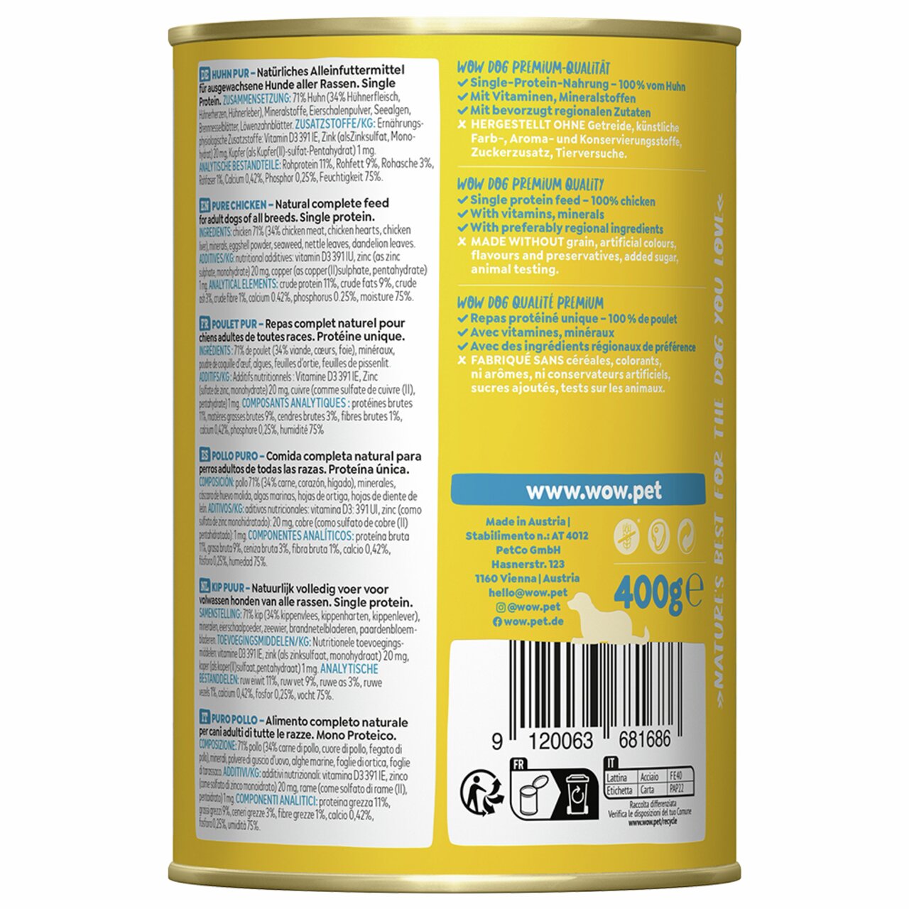WOW DOG Huhn Pur Hundefutter, alle Rassen, Geschmacksrichtung Huhn, 400g Dose, getreidefrei, ohne künstliche Zusätze.