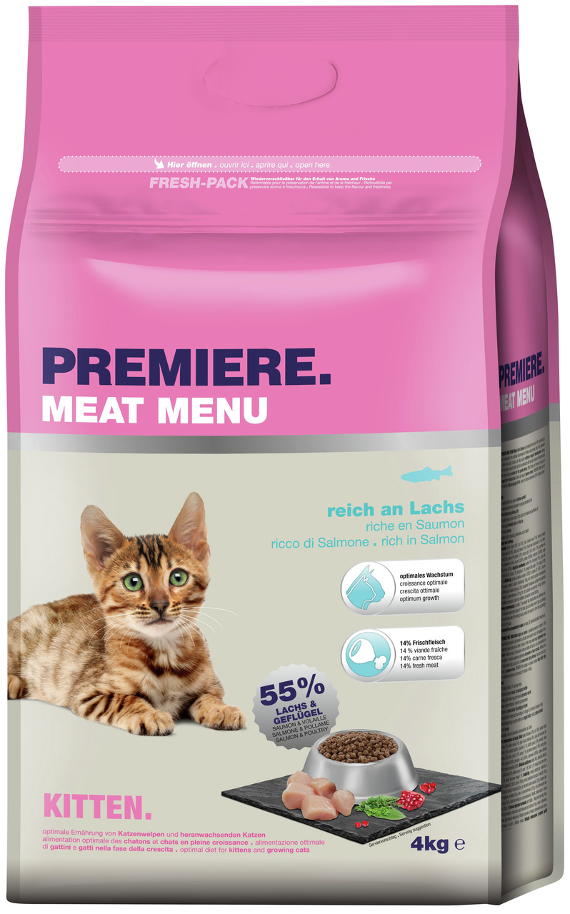 PREMIERE Meat Menu für heranwachsende Katzen, 55 % Lachs & Geflügel, reich an Lachs, 14 % Frischfleisch, 4 kg.