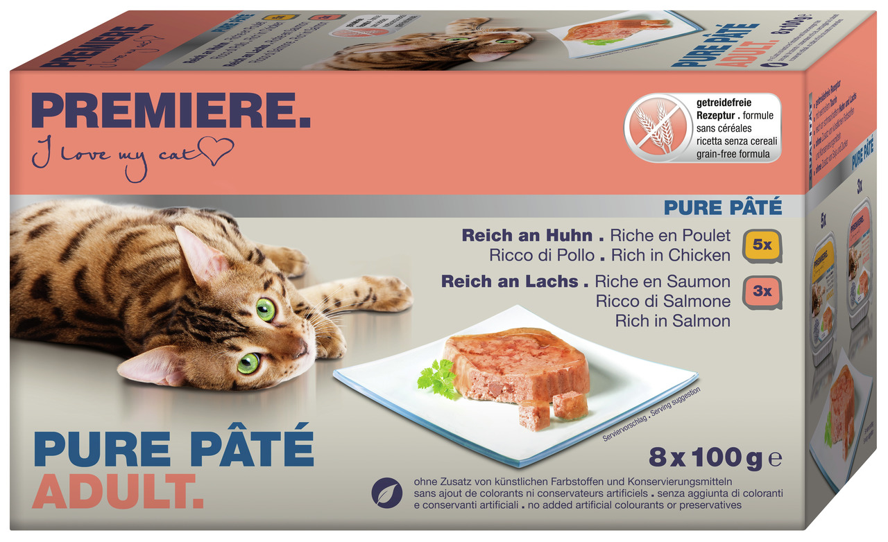 PREMIERE Pure Pâté Adult, Katzenfutter f. ausgew. Katzen, getreidefrei, Huhn+Lachs, 8x100g, ohne künstl. Farb-/Konservierungsstoffe.