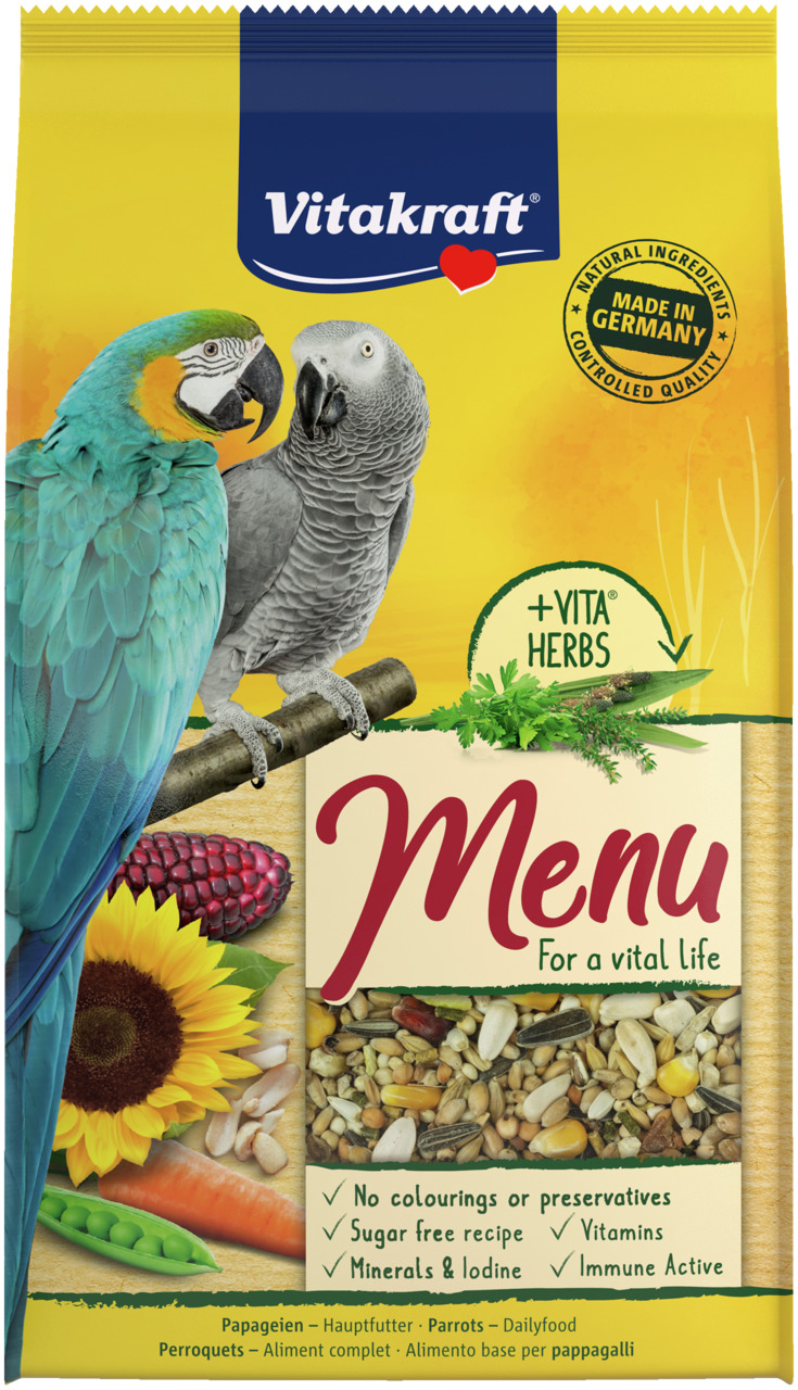 Vitakraft Menu Papageienfutter, 1 kg: Natürl. Zutaten, zuckerfrei, ohne Konservierungsstoffe, Vitamine, Mineralien, Jod, Immunsystem.