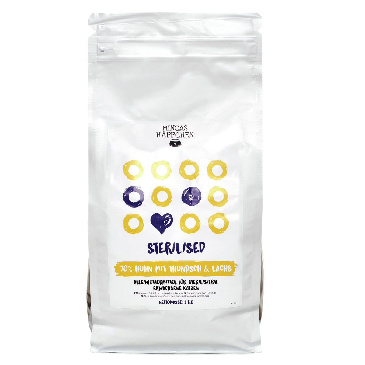 MINCAS HÄPPCHEN Sterilised: Alleinfutter f. sterilisierte, erw. Katzen, Huhn/Thunfisch/Lachs, 70 % Fleisch, 2 kg.