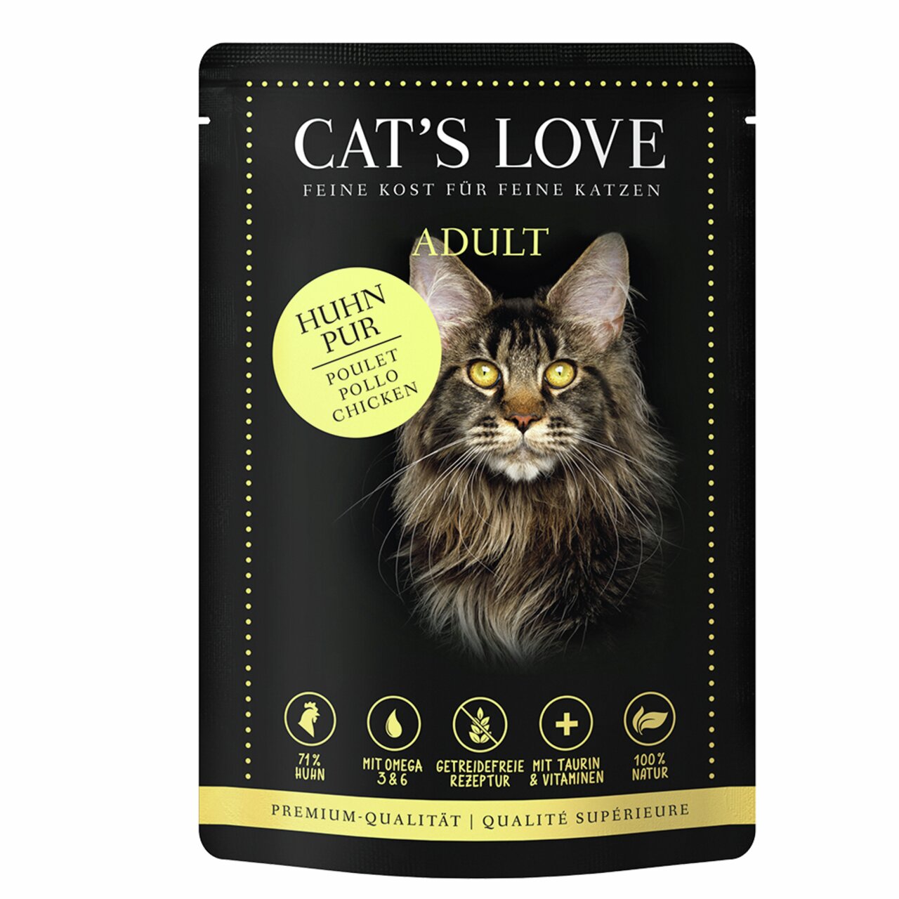 Cat's Love Huhn Pur, Adult, 71 % Huhn, getreidefrei, mit Taurin & Vitaminen, 100 % natürlich, Maine-Coon-Kopf auf Verpackung.