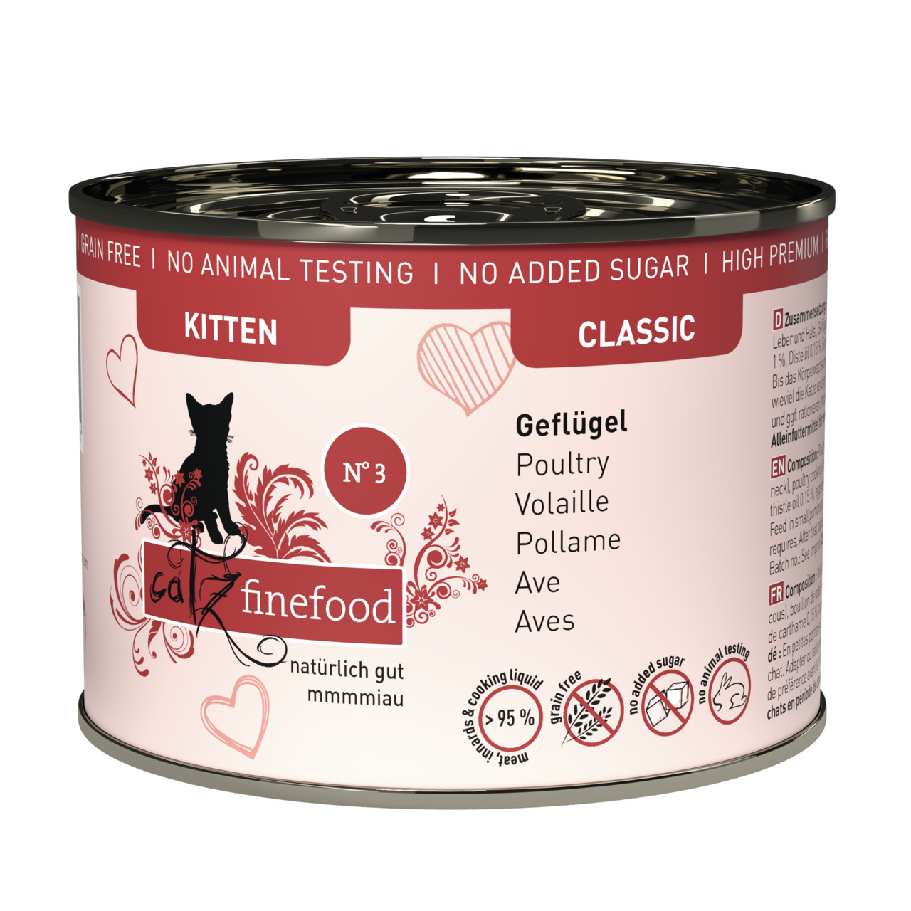 Catz finefood Classic Kitten Geflügel, 200 g, grain free, no animal testing, no added sugar, rosa Verpackung.
