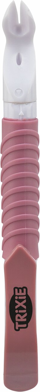 Das Bild zeigt den TRIXIE Zeckenzange für Haustiere in Rosa. Dieses Produkt ist speziell für Hunde und Katzen geeignet und dient zur sicheren Entfernung von Zecken. Die Zange hat eine ergonomische Form mit gerilltem Griff für besseren Halt. Sie ist leicht