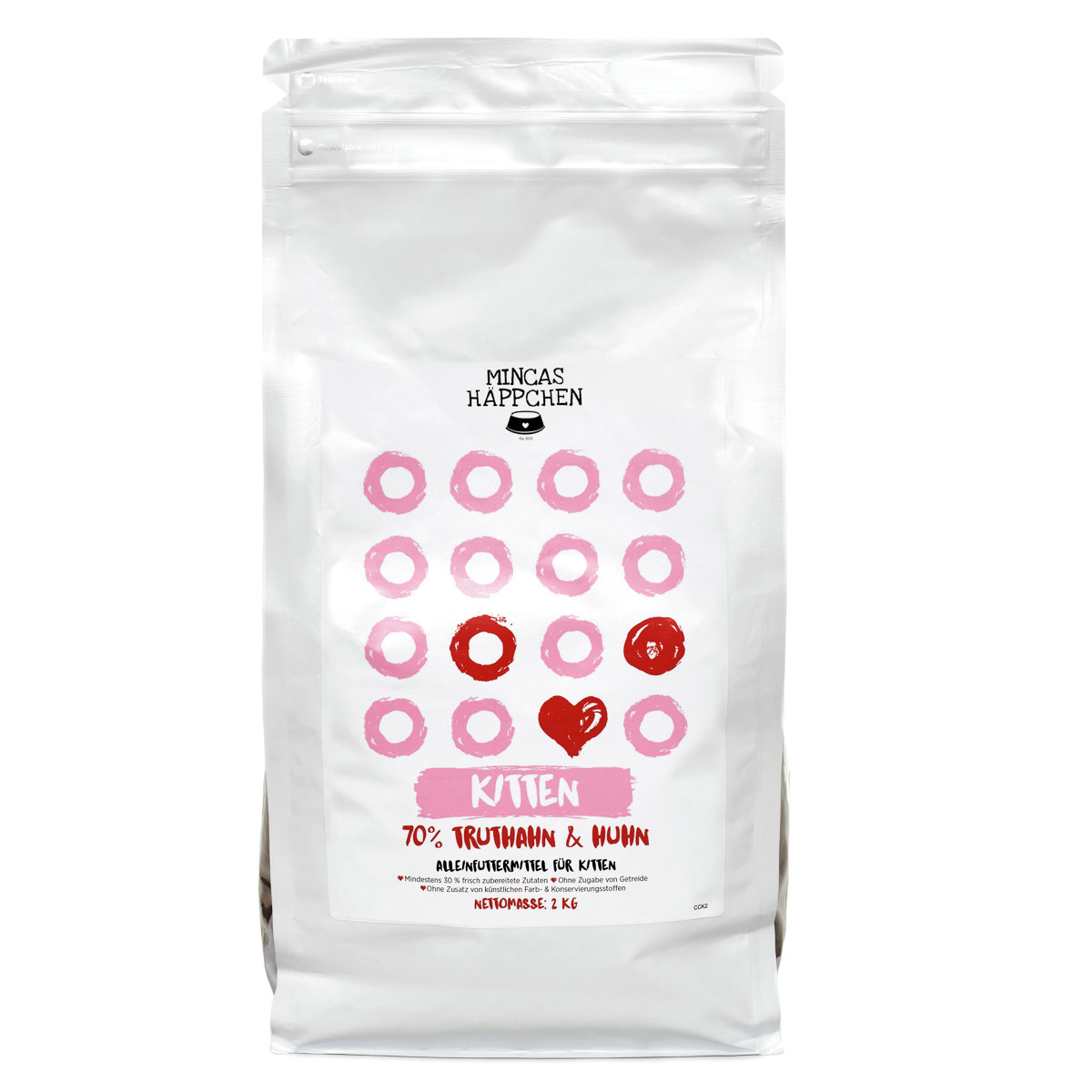 MINCAS HÄPPCHEN Kittenfutter Truthahn+Huhn, 70% Fleisch, getreidefrei, Alleinfutter, 2 kg.