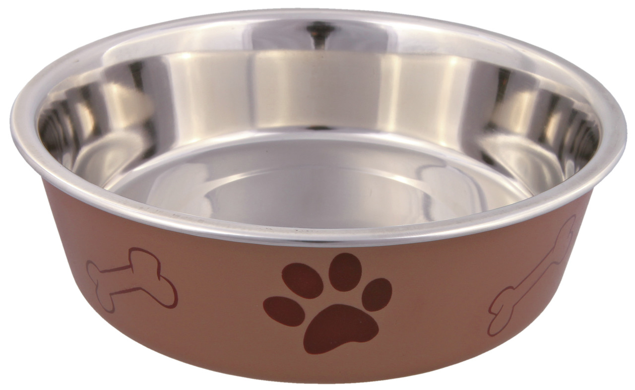 TRIXIE Futternapf für Hunde, Edelstahl, braune Außenseite mit Knochen--Pfotenmotiven, robust, leicht zu reinigen, ideal für Futter-Wasser.