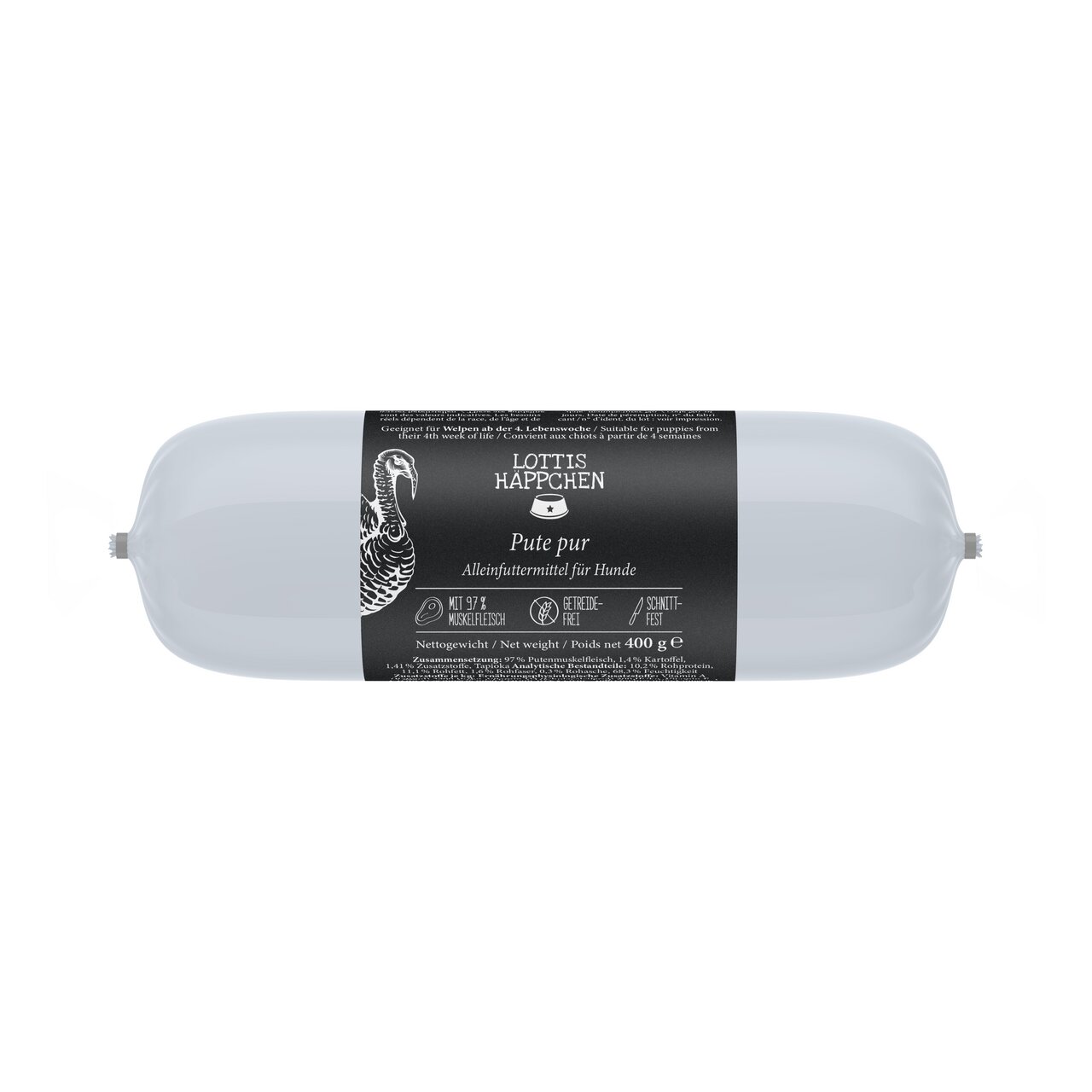 Hundefutter „Lottis Häppchen Pute pur“ für Hunde, getreidefrei, schnittfest. 97 % Muskelfleisch, 400 g. Ideal für ausgewachsene Hunde.
