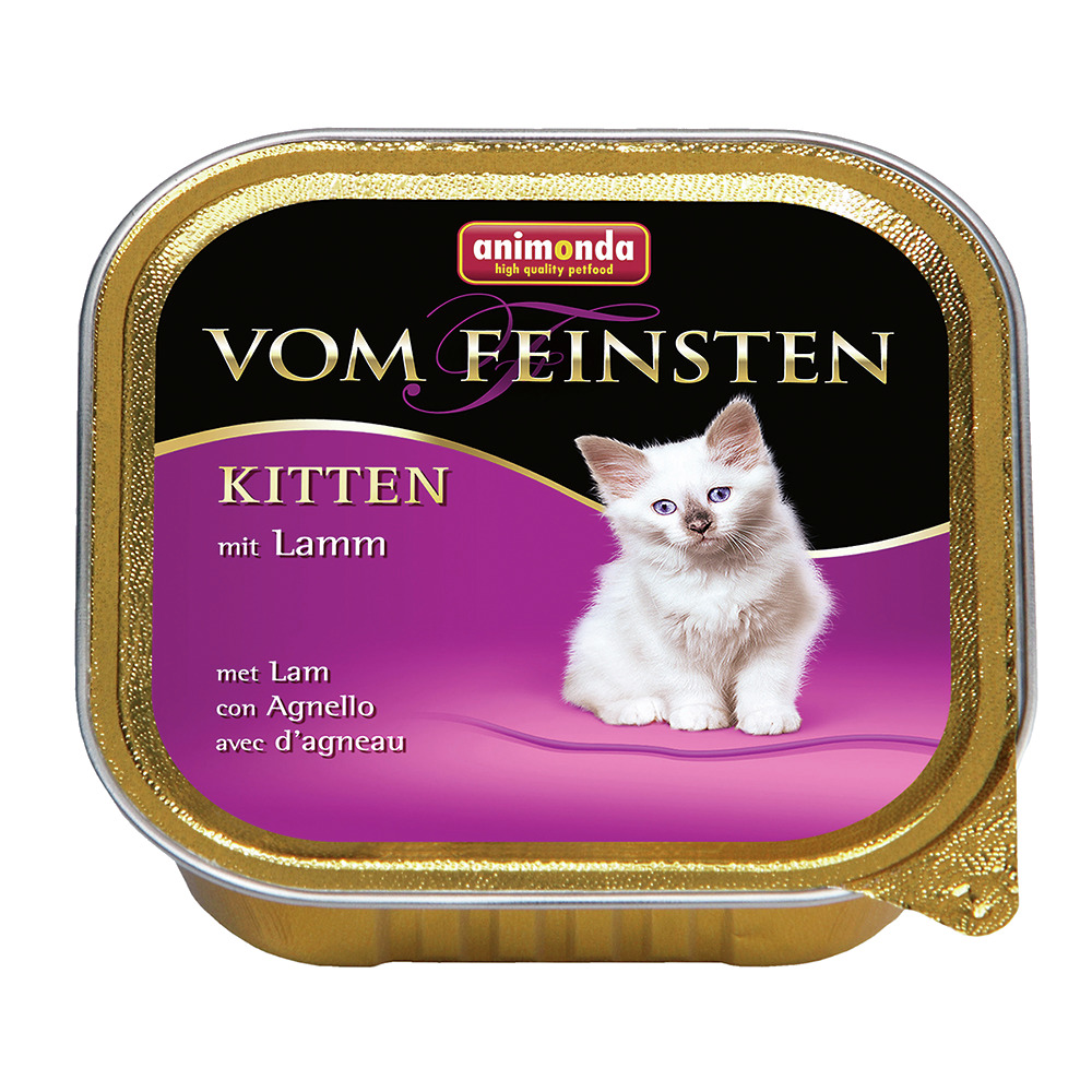 Animonda Vom Feinsten Kitten mit Lamm, für junge Katzen, Geschmacksrichtung Lamm, 100g, schwarze/violette Verpackung mit weißem Kätzchen.
