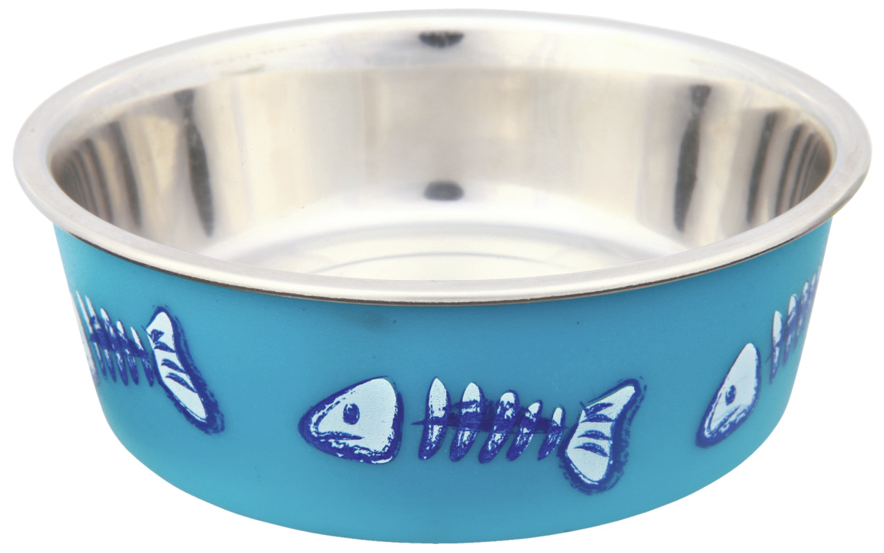 TRIXIE Futternapf für Katzen, Edelstahl, blau mit Fischgräten-Motiven, hygienisch, leicht zu reinigen, für Futter-Wasser.