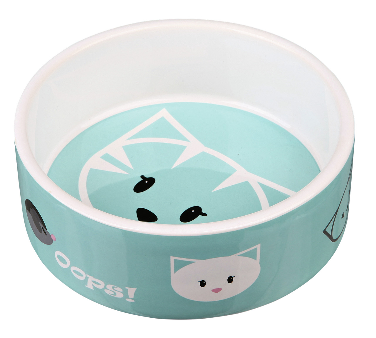 Keramiknapf von TRIXIE mit der EAN 4011905246505, speziell für Katzen. Der Napf zeigt ein verspieltes Design mit Katzenmotiven auf einem türkisfarbenen Hintergrund und dem Schriftzug „Oops!“. Ideal für Futter oder Wasser, robust und leicht zu reinigen. Fa