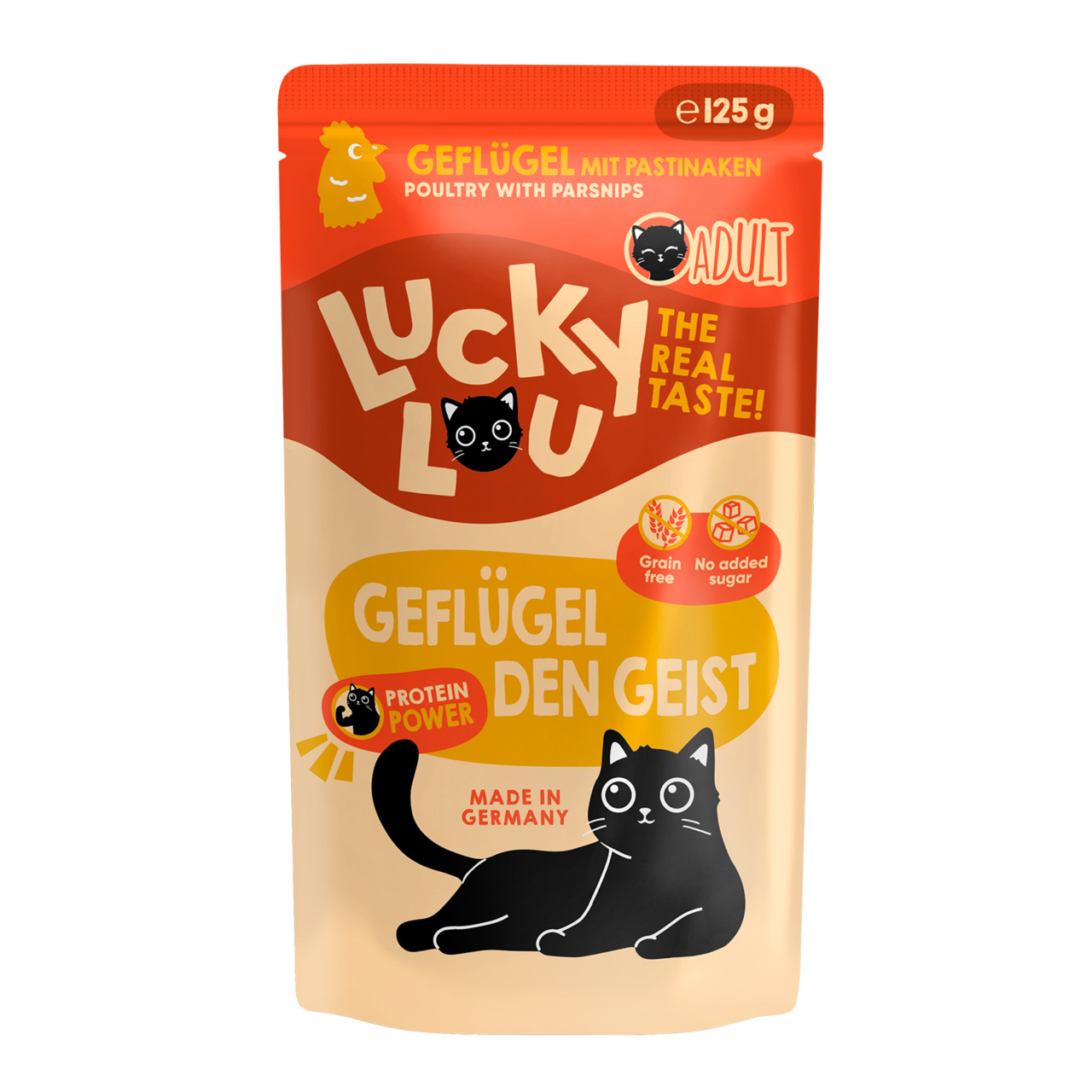 Das Bild zeigt eine Verpackung des Katzenfutters „Lucky Lou Geflügel den Geist“ der Marke Lucky Lou. Es handelt sich um ein Produkt für erwachsene Katzen (Adult) mit der Geschmacksrichtung Geflügel und Pastinaken. Die Verpackung enthält 125 g und ist mit 