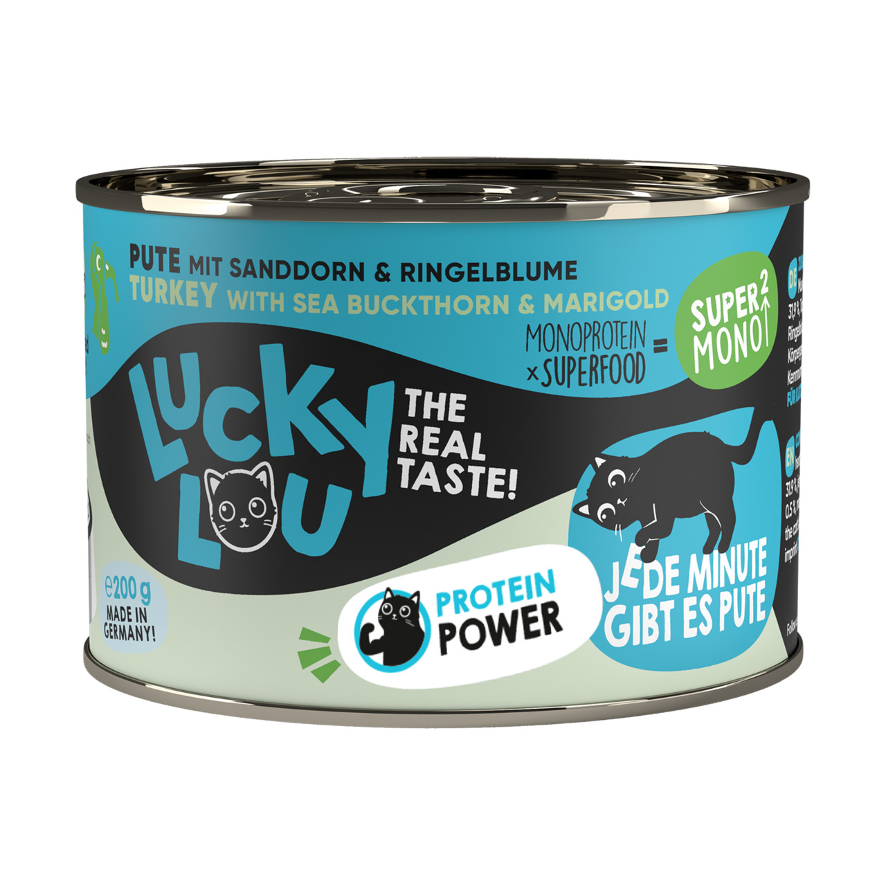 Lucky Lou Katzenfutter, 200 g, Pute+Sanddorn+Ringelblume, Katzen, „Monoprotein x Superfood“, „Protein Power“, „Jede Min. gibt es Pute“.