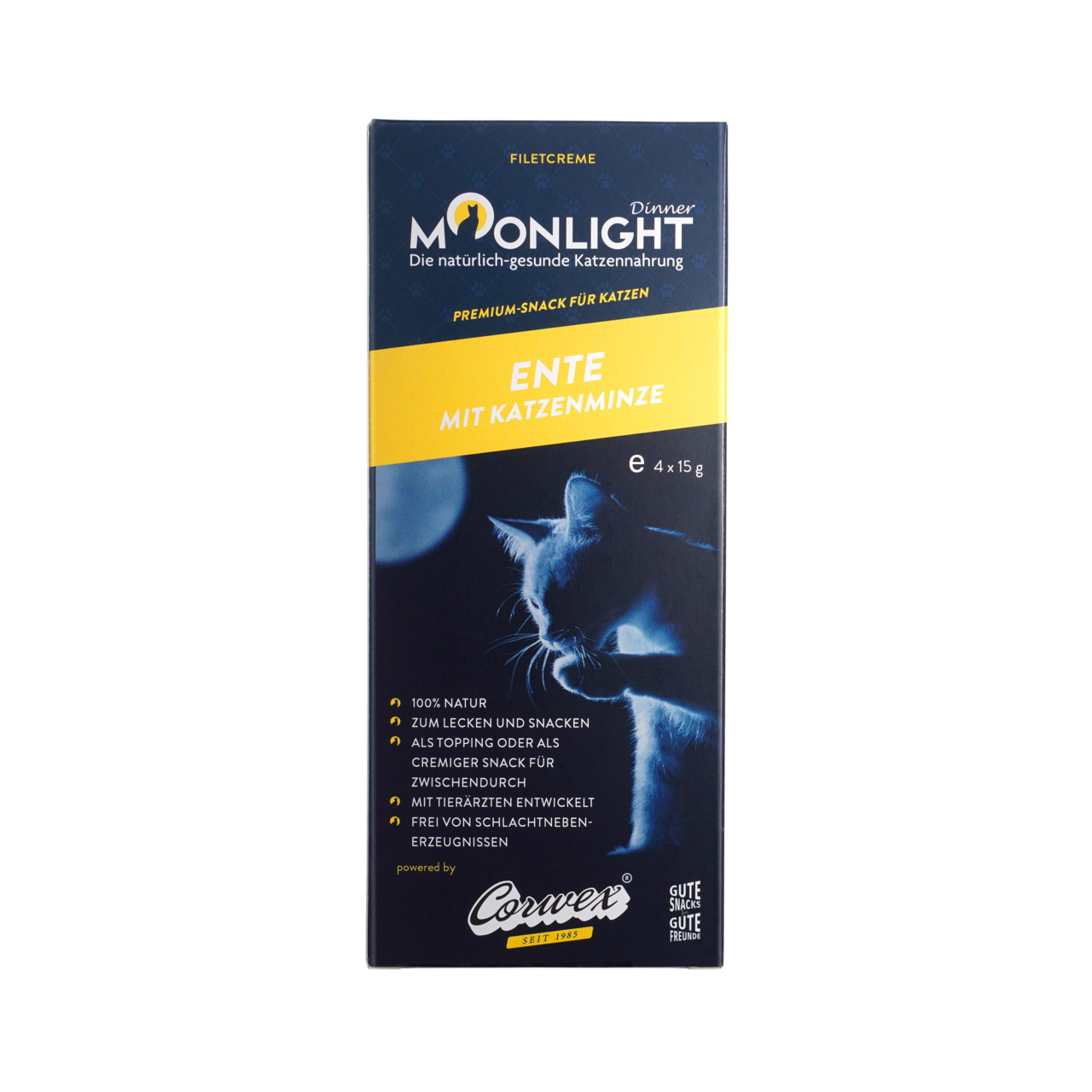 Moonlight Dinner Filetcreme für Katzen, Ente+Katzenminze, 4x15g, 100% natürlich, als Topping-Zwischenmahlzeit, tierärztlich entwickelt.