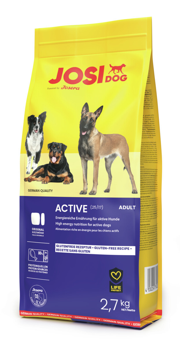 Josera JosiDog Active, glutenfreies Trockenfutter für aktive, erwachsene Hunde, 2,7 kg, energiereich, 80 % tierische Proteine.