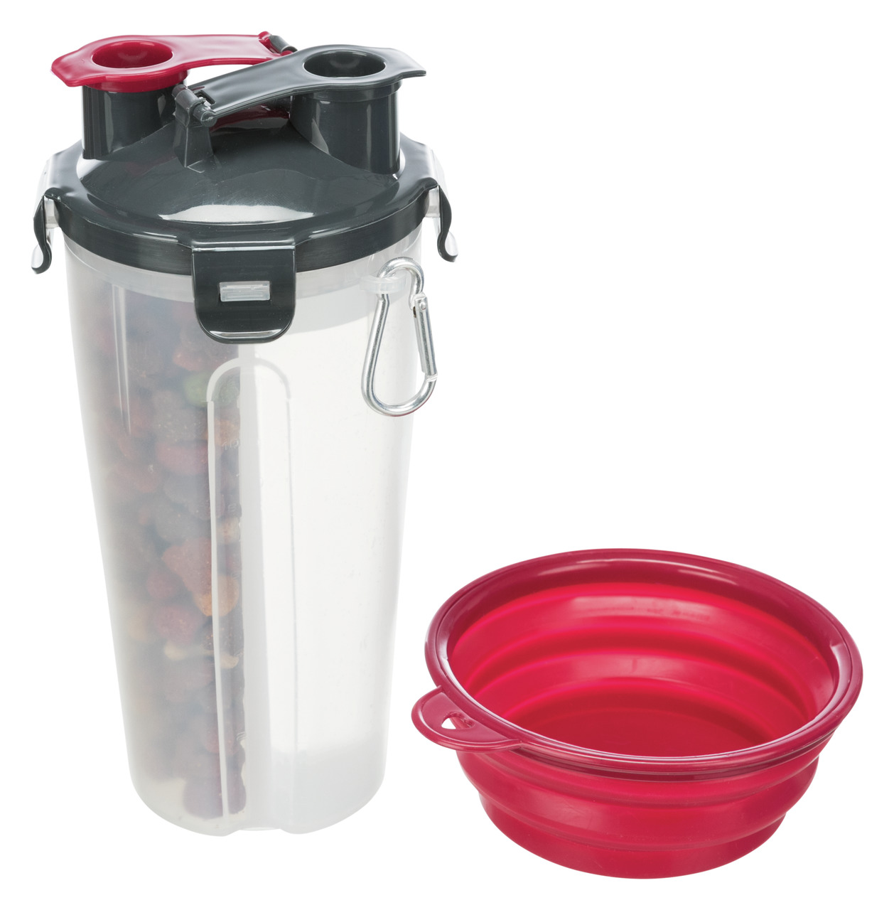 TRIXIE Futter--Wasserbehälter f. Hunde, m. Karabiner, inkl. rotem faltb. Napf, ideal f. unterwegs, enthält Trockenfutter.