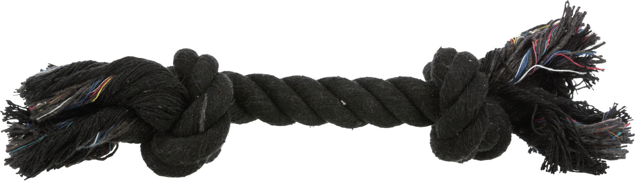 Schwarzes Hundespielzeug von TRIXIE in Form eines robusten Baumwolltaues mit zwei Knoten. Geeignet für Hunde aller Größen, ideal für Zerr- und Apportierspiele. Fördert die Zahnpflege durch Kaubewegungen. Länge ca. 26 cm. Perfekt für interaktive Spielstund