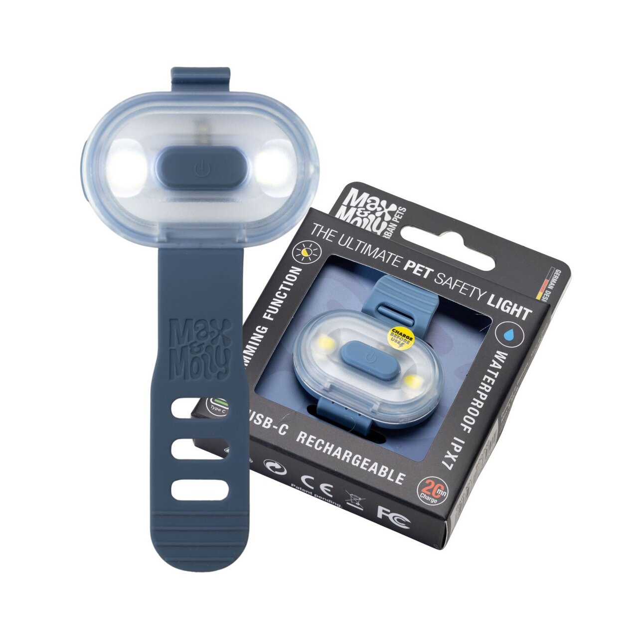 Max & Molly "The Ultimate Pet Safety Light", für Hunde & Katzen, Blau, wasserdicht (IPX7), USB-C, dimmbar, 2 cm.