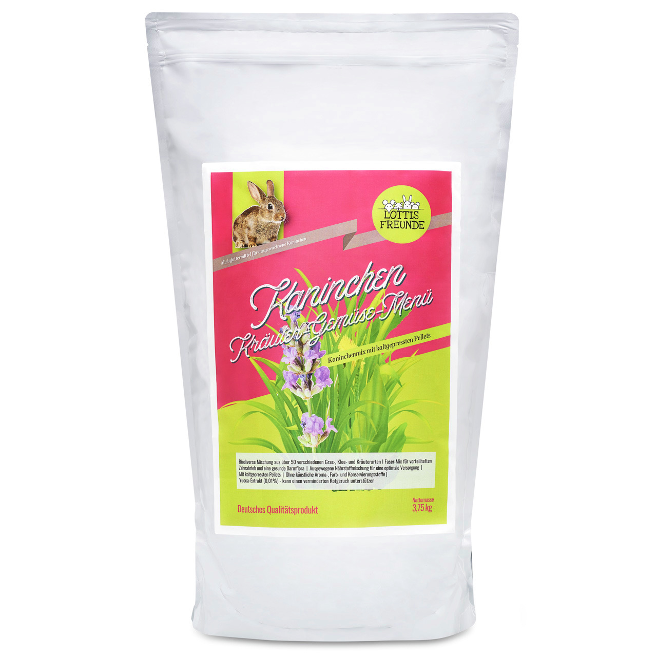Lottis Freunde Kaninchen Kräuter-Gemüse-Menü, 3,75 kg: Hochwertiges Futter für Kaninchen mit Kräutern & Gemüse, pink-grünes Etikett.