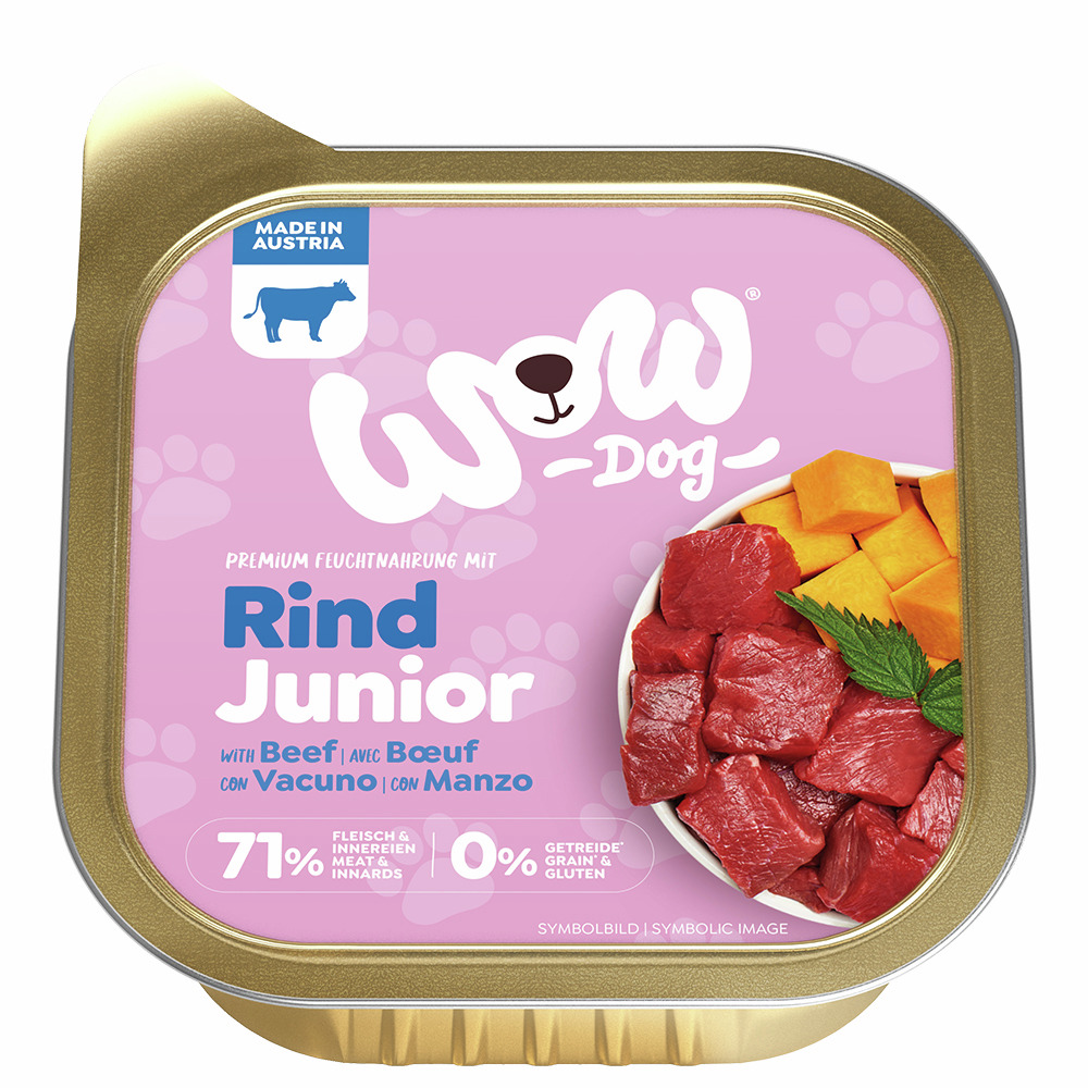 Das Bild zeigt eine Verpackung des Hundefutters „WOW DOG Rind Junior“. Es handelt sich um eine Premium-Feuchtnahrung für junge Hunde mit Rindfleisch als Hauptzutat. Die Verpackung hebt hervor, dass das Produkt 71 % Fleisch und Innereien enthält, getreide-