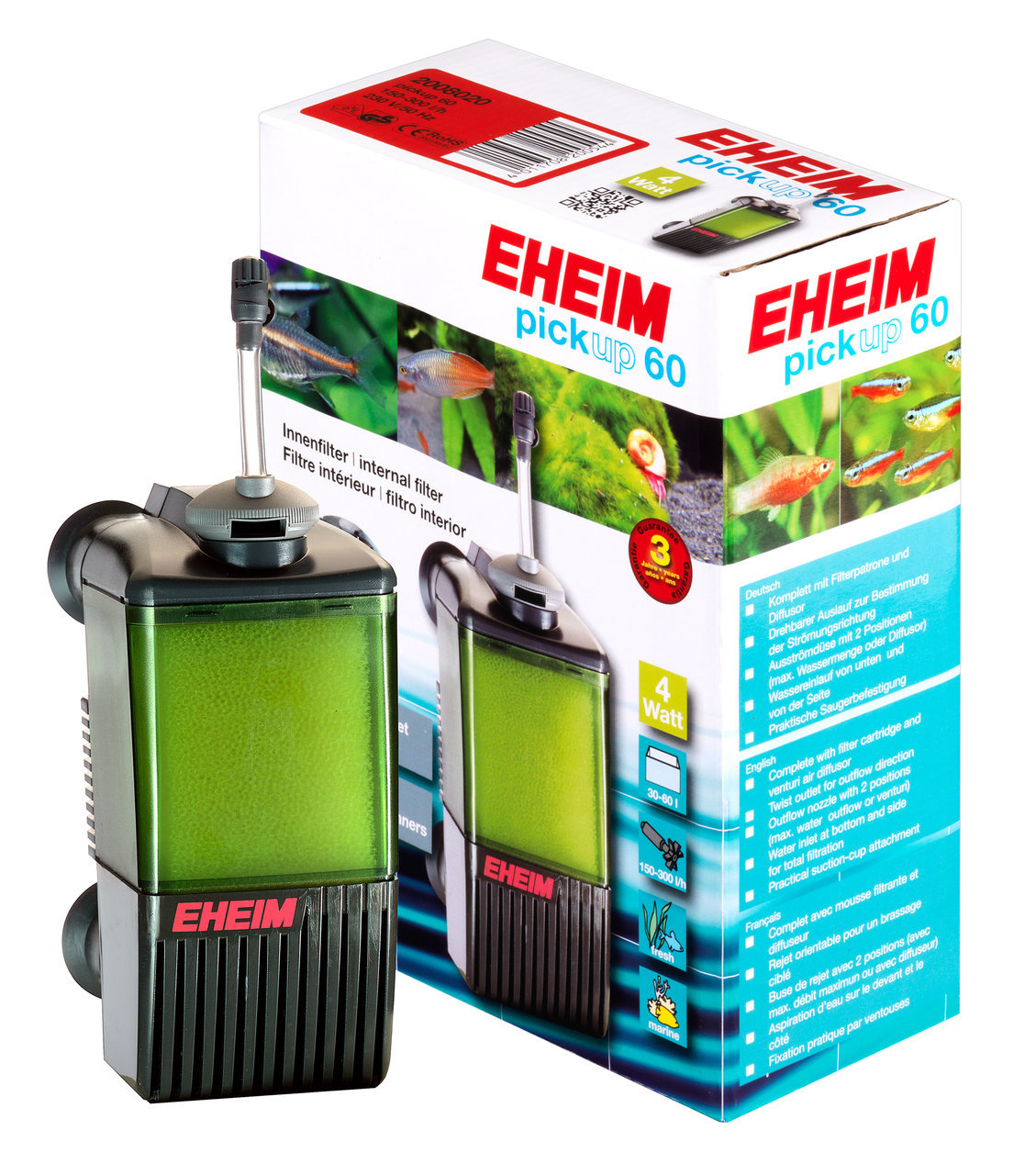 Das Bild zeigt den EHEIM Innenfilter "pickup 60" für Aquarien. Der Filter ist für Aquarien mit einem Volumen von 30 bis 60 Litern geeignet und hat eine Leistung von 4 Watt. Die Verpackung hebt die einfache Reinigung, die praktische Handhabung und die effi