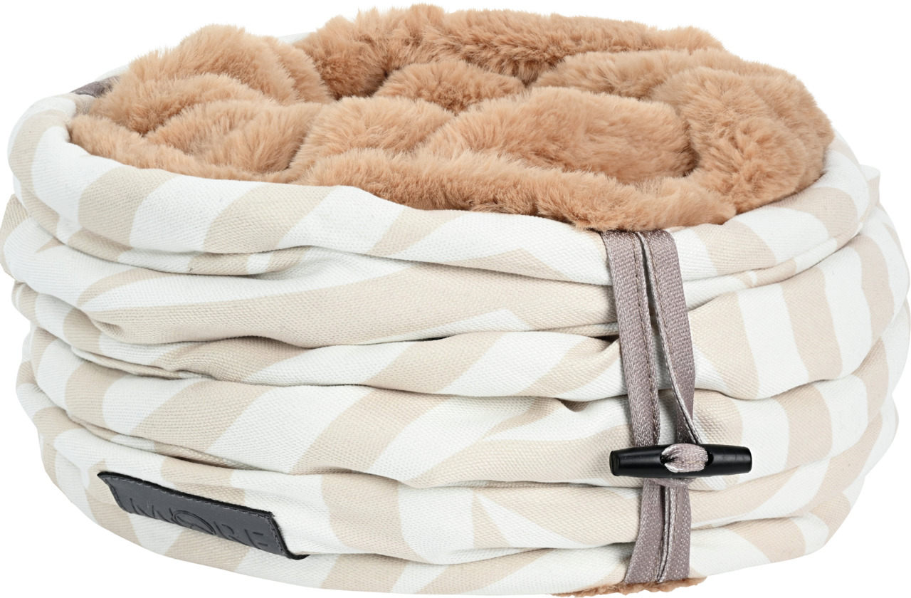 More For Cozy Kuschelbett für Katzen & kleine Hunde, beige-weiß gestreift, plüschig braun, mit Kordelzug, ideal für Komfort & Wärme.