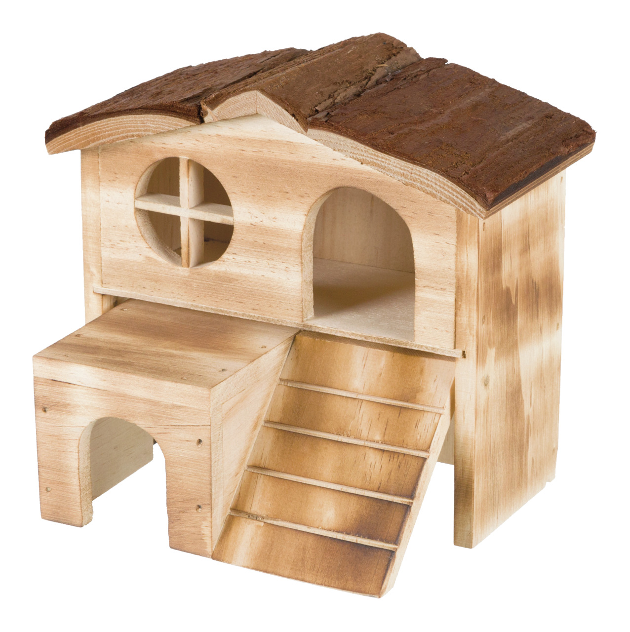 TRIXIE Kleintierhaus "Hans", 2-stöckig, Naturholz, für Hamster-Mäuse, mit Leiter, 2 Eingängen, Fenster, Rindendach.