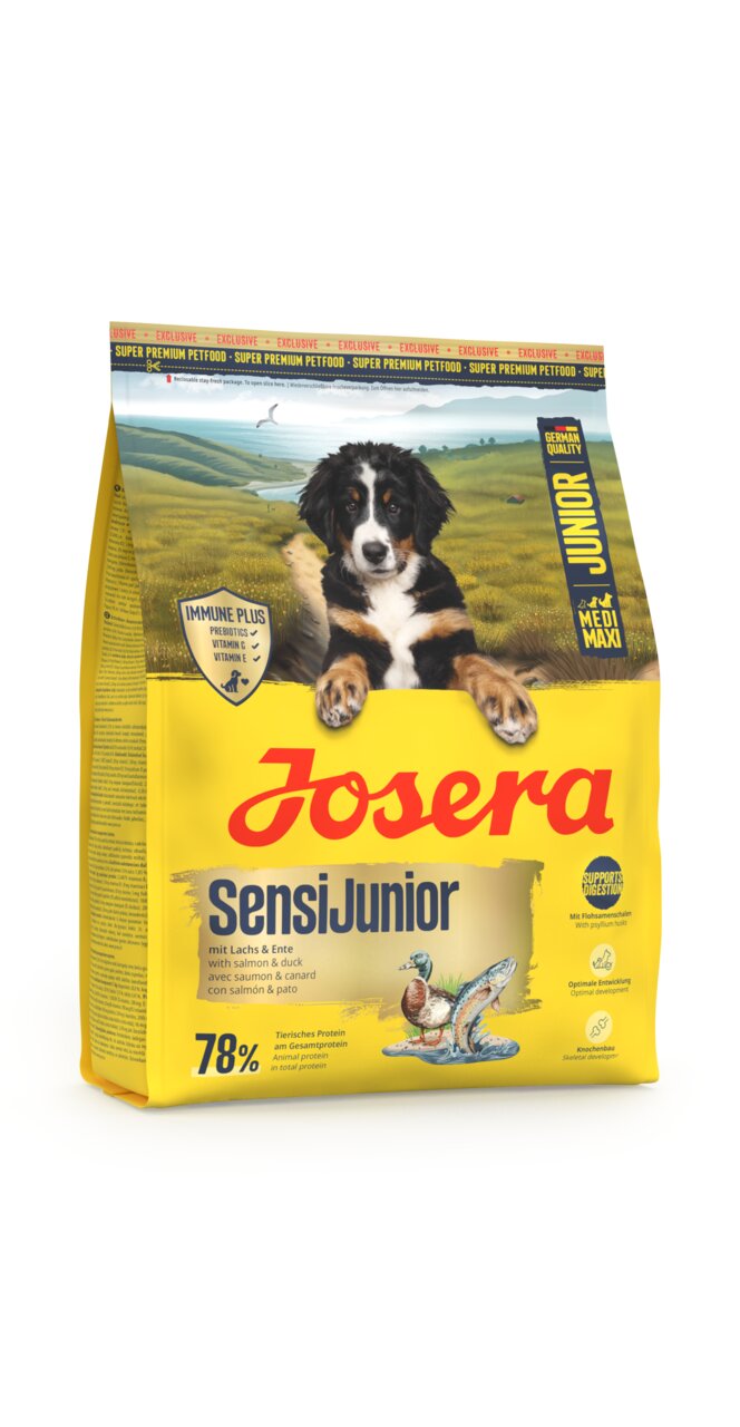 Josera SensiJunior Hundefutter für Junghunde, Geschmacksrichtung Lachs & Ente, 78 % tierisches Protein, 15 kg.