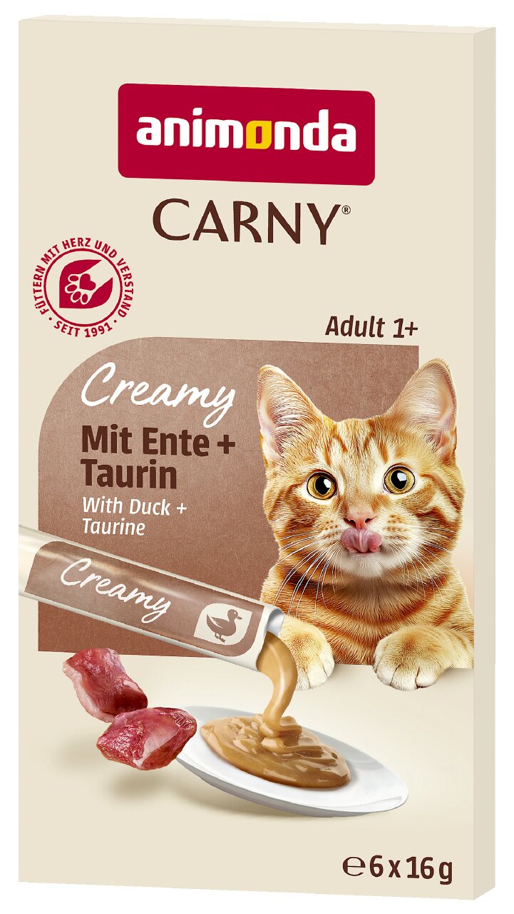 animonda Carny Creamy Katzensnack für adulte Katzen ab 1 Jahr, Ente mit Taurin, mit Herz und Verstand, 6x16 g