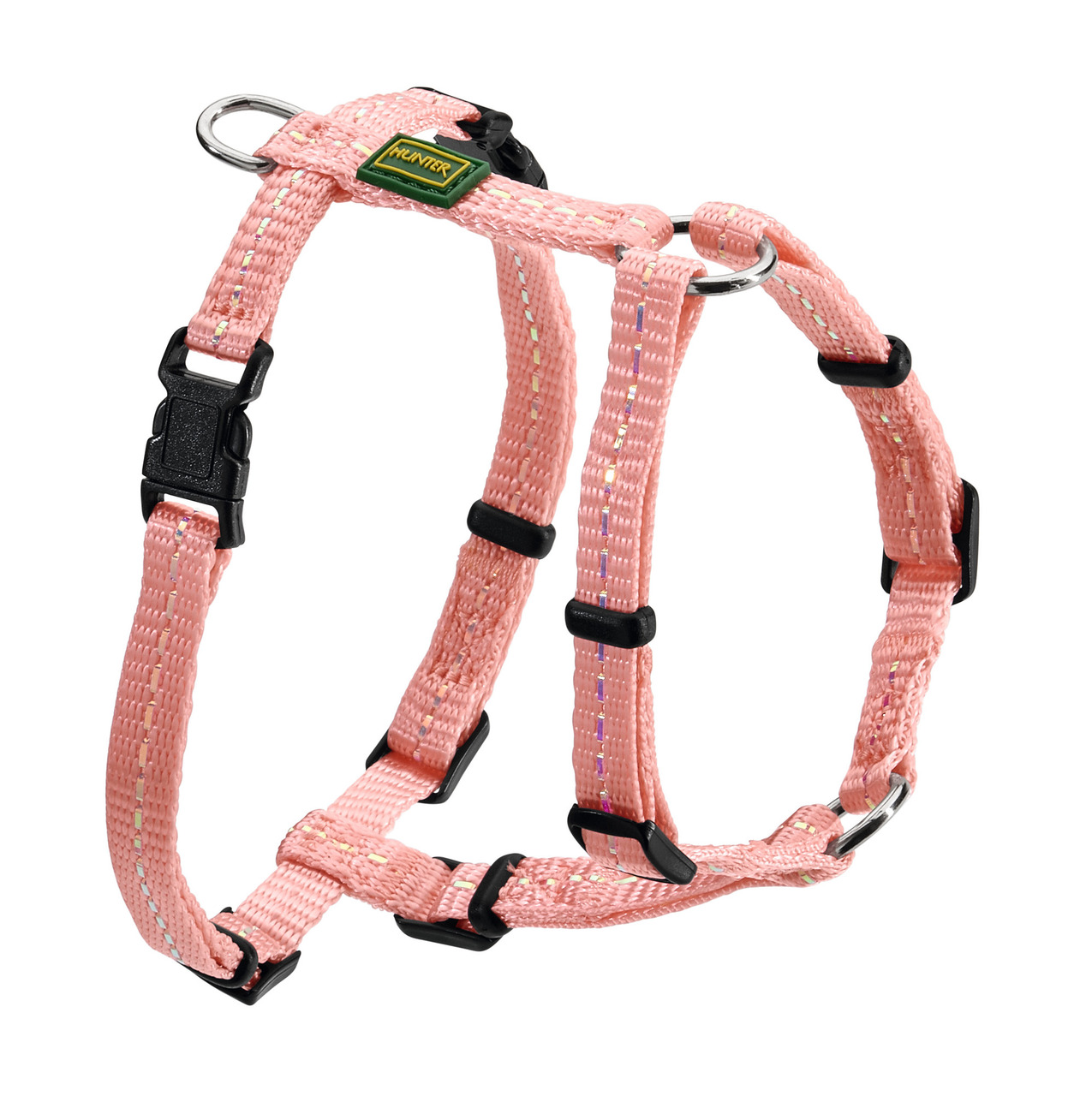 Das Bild zeigt ein hochwertiges, verstellbares Hundegeschirr der Marke HUNTER in der Farbe Rosa. Es ist speziell für Hunde entwickelt und besteht aus robustem, strapazierfähigem Material mit reflektierenden Elementen für zusätzliche Sicherheit. Das Geschi