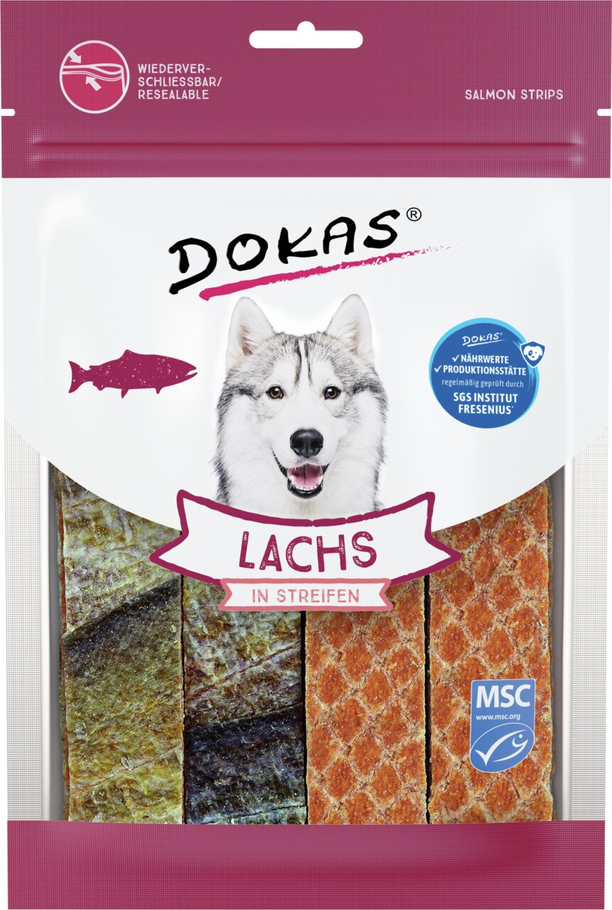 Dokas Lachs in Streifen, Hundesnack f. erwachsene Hunde, Geschmack Lachs, MSC-zert., wiederverschließbar, geprüft v. SGS, 125g.