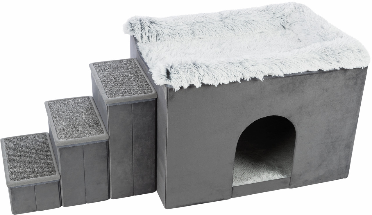 TRIXIE Kuschelhöhlen-Set m. Treppe, f. Katzen & kl. Hunde, grau-weiß, Plüsch, rutschf. Tritte, ideal f. ältere o. kl. Tiere.
