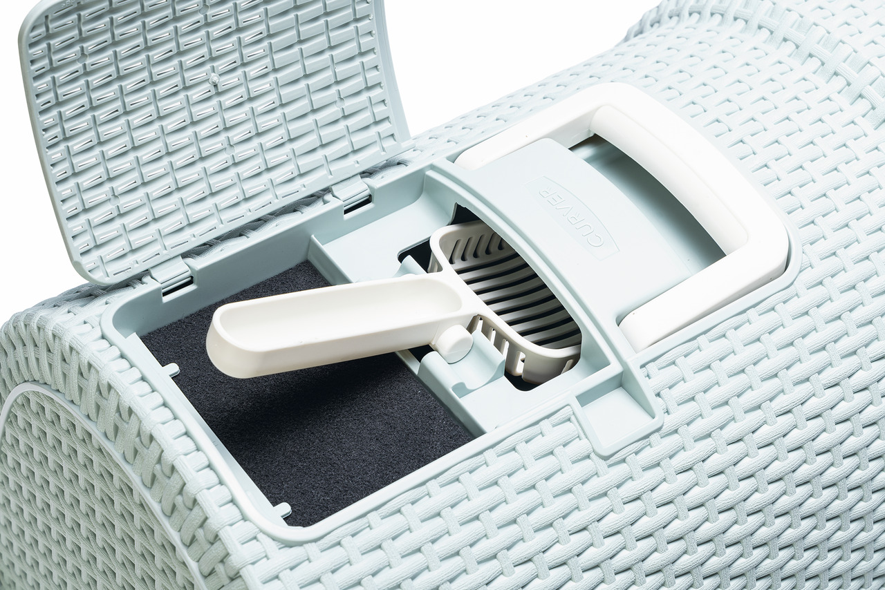 Curver Katzentoilette, hellblau, geflochtenes Design, mit Griff, Schaufel, Fach für Aktivkohlefilter, geruchsminimierend, für Katzenhalter.