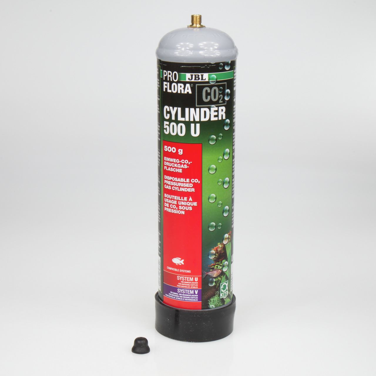 Das Bild zeigt eine Verpackung des Produkts JBL ProFlora System V, ein Zubehör für Aquarien. Es richtet sich an Aquarienbesitzer und dient zur CO2-Düngung. Die Verpackung ist farbenfroh gestaltet und zeigt Fische sowie Pflanzen. Die Menge und weitere Deta