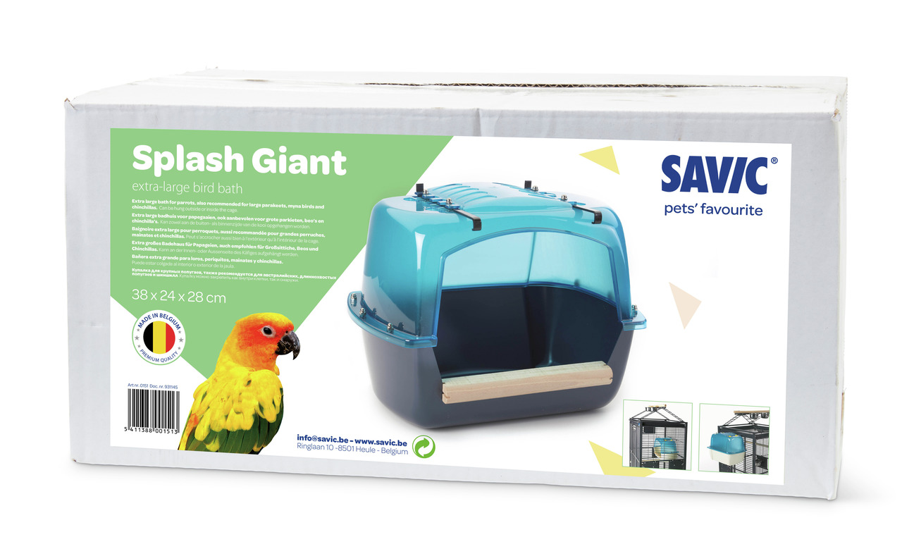 SAVIC Splash Giant, Vogelbadewanne für Papageien & Sittiche, Blau, mit Holzstange, Maße: 38x24x28 cm, Zielgruppe: Vogelhalter.