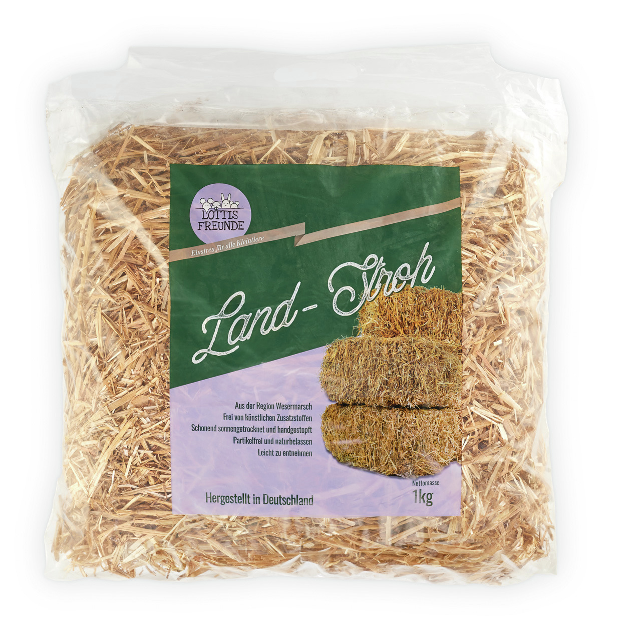 Das Bild zeigt eine durchsichtige Verpackung mit 1 kg Land-Stroh der Marke Lottis Freunde, geeignet für Kleintiere. Das Stroh stammt aus der Region Wesermarsch, ist frei von künstlichen Zusatzstoffen, schonend sonnengetrocknet, handgestopft, partikelfrei 