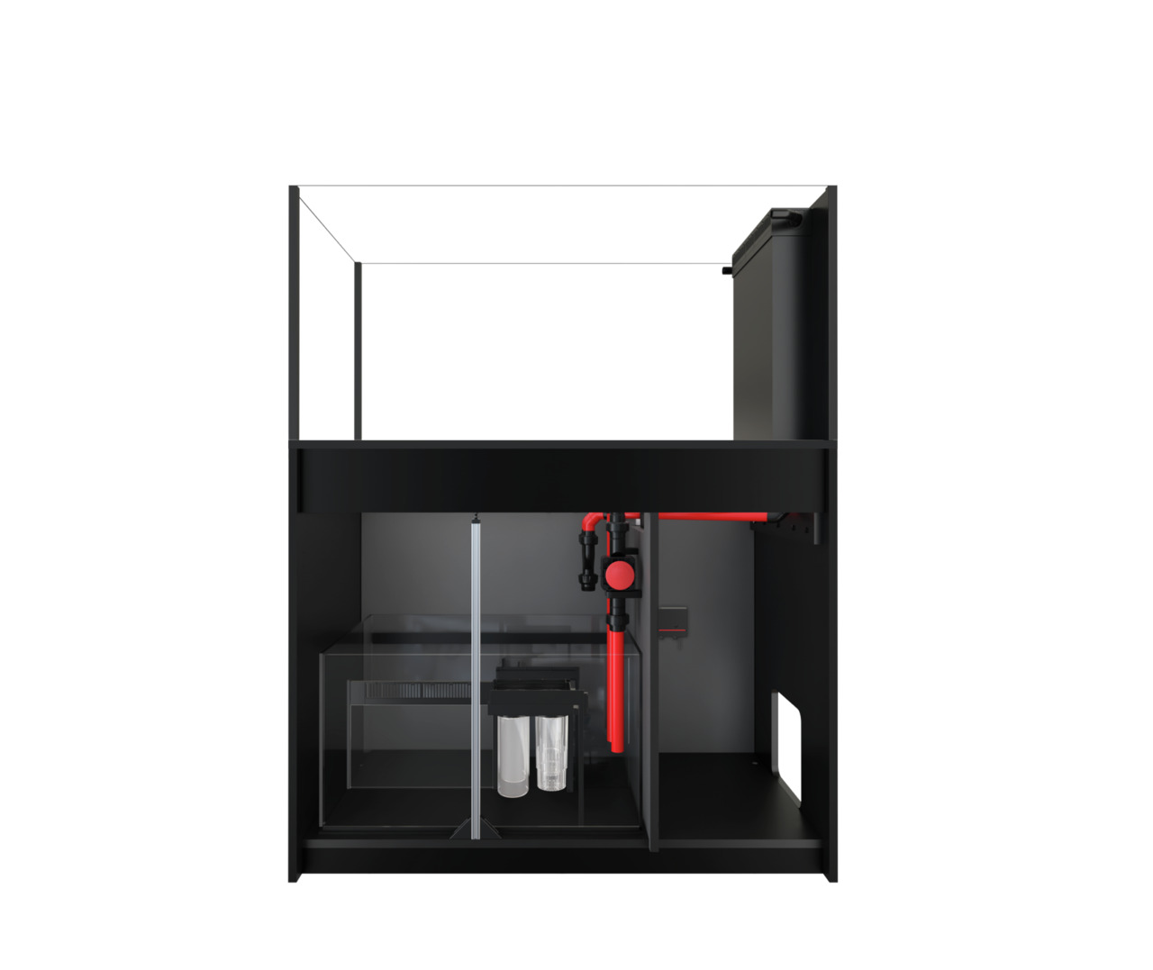Das Bild zeigt das Red Sea Reefer 350, ein hochwertiges Aquarium-System für Meerwasserliebhaber. Es richtet sich an erfahrene Aquarianer und bietet eine integrierte Technik mit einem eleganten schwarzen Unterschrank. Sichtbar sind die Filterkammern, Rohrl