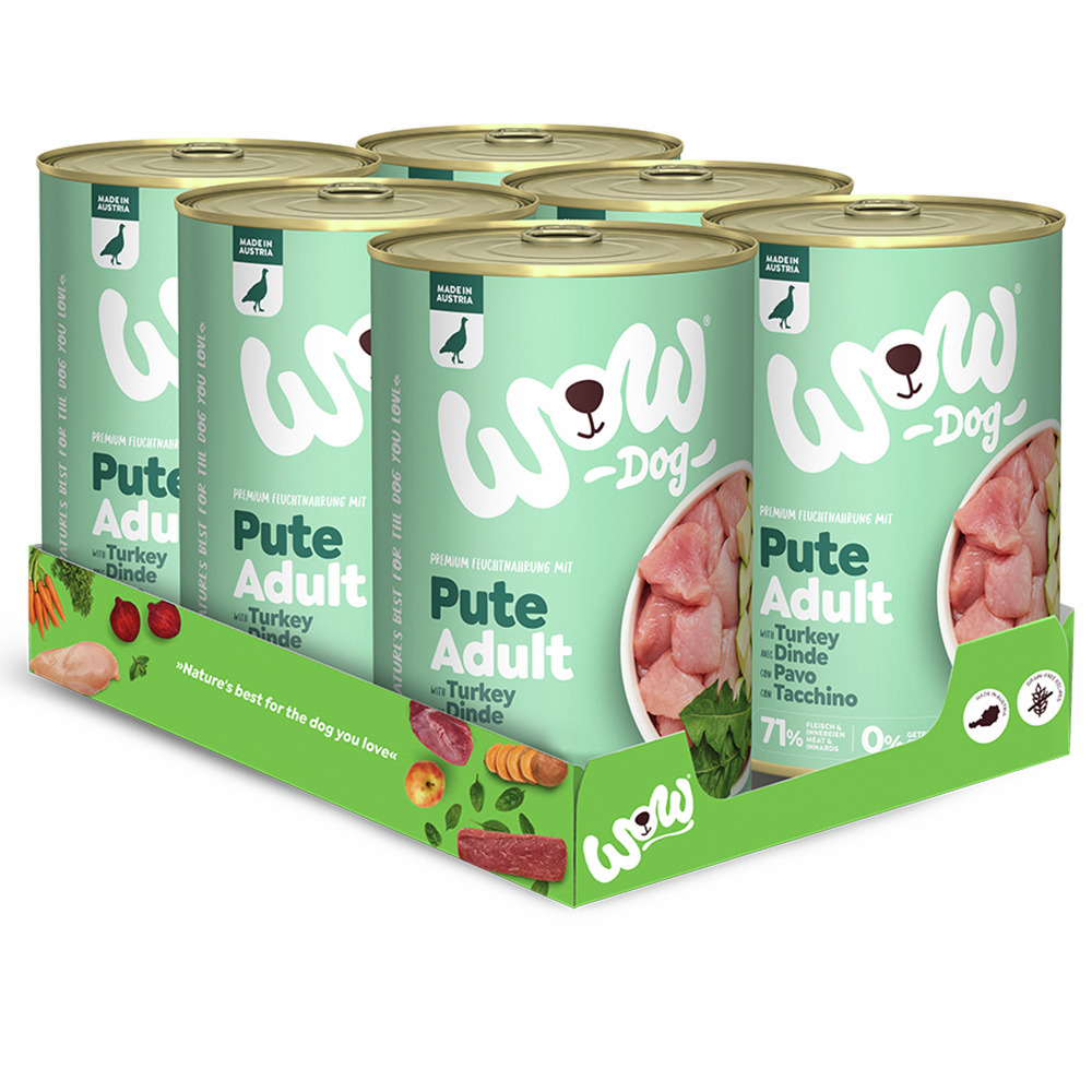WOW DOG Hundefutter „Pute Adult“, 6 Dosen, für ausgewachsene Hunde, 71 % Fleisch, 100 % nat. Zutaten, grüne Verpackung.