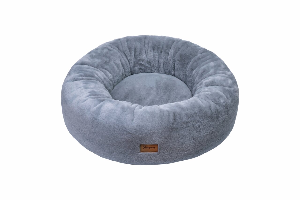 Graues, flauschiges Haustierbett von Allpets für Hunde und Katzen, runde Form, gemütlich, mit weichem Innenmaterial.