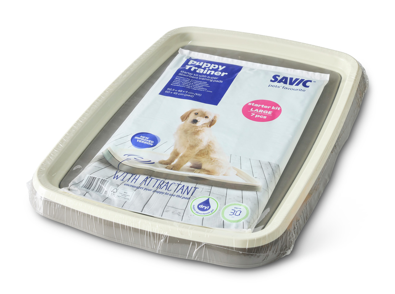 SAVIC Puppy Trainer Starter Kit Large für Welpen, 7-tlg., beige Wanne + Pads (60x45 cm) mit Lockstoff, ideal fürs Stubenrein-Training.