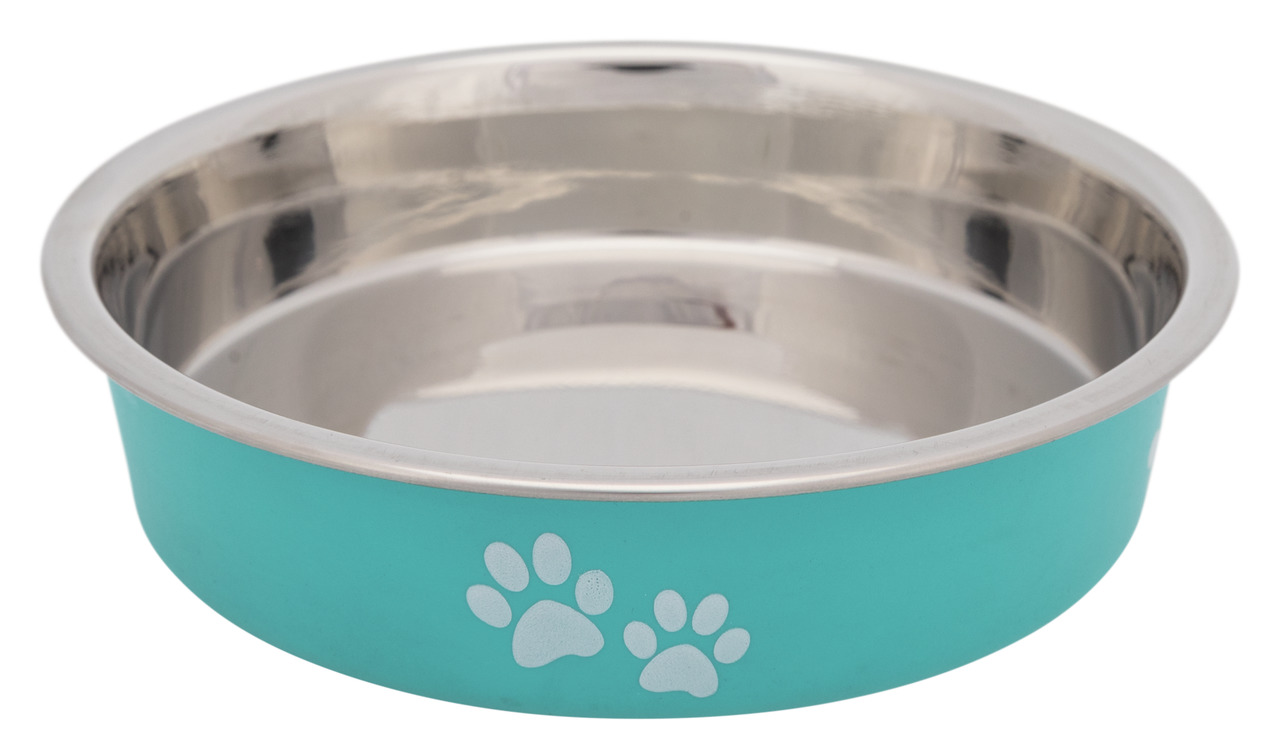 Futternapf von TRIXIE für Hunde und Katzen, aus Edelstahl mit türkisfarbener Außenseite und dekorativen weißen Pfotenabdrücken. Der Napf ist robust, leicht zu reinigen und ideal für Futter oder Wasser. Perfekt für Haustierbesitzer, die Funktionalität und 