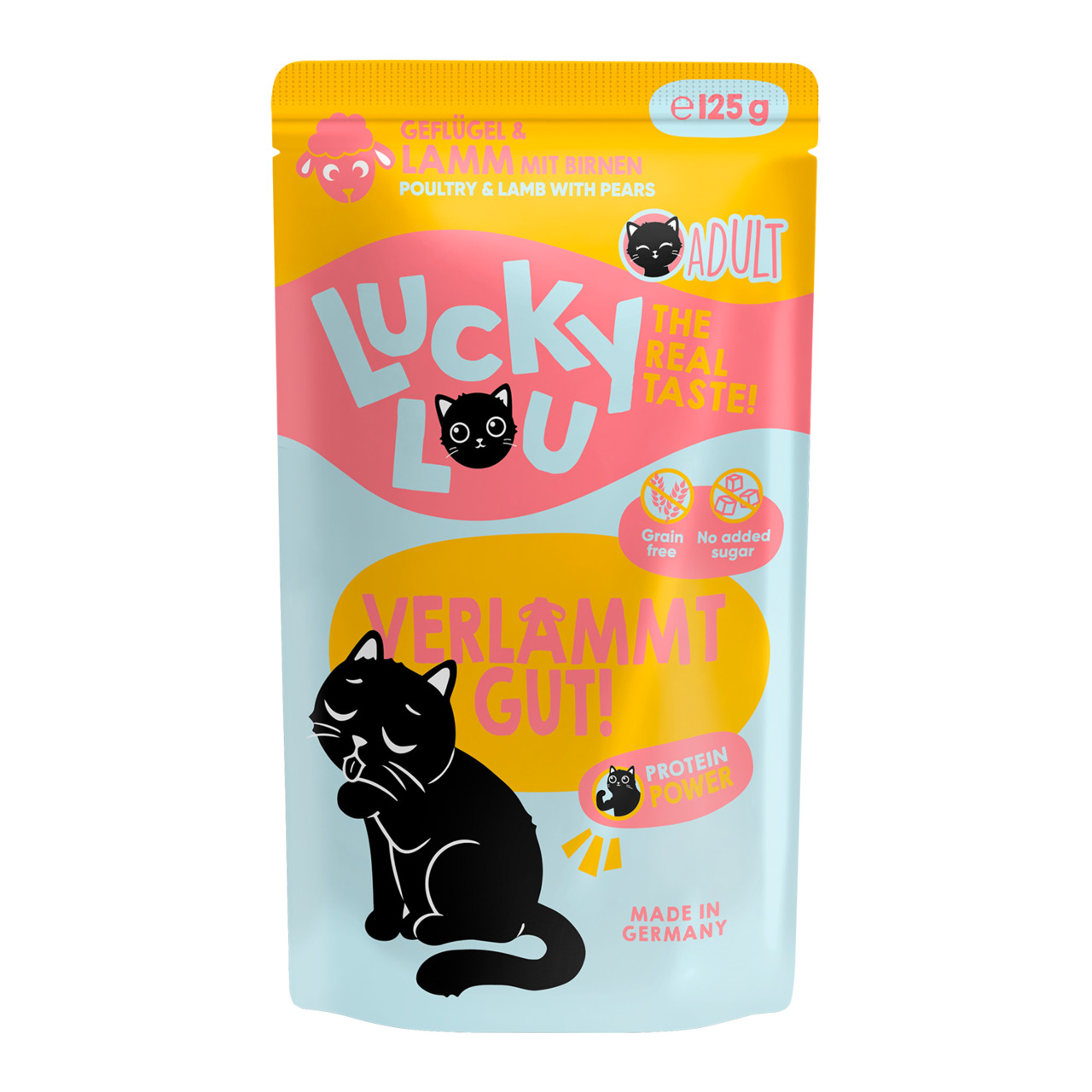 Lucky Lou Katzenfutter, erwachsene Katzen, Geflügel & Lamm mit Birnen, getreidefrei, ohne Zucker, 125 g, „Verlämmt gut!“, DE.