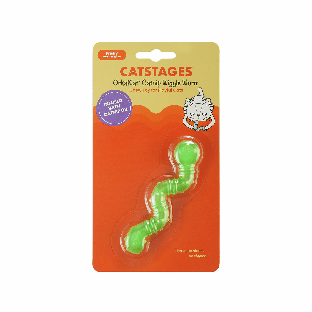 Das Bild zeigt das Produkt "Catstages OrkaKat Catnip Wiggle Worm" der Marke Outward Hound. Es handelt sich um ein Kauspielzeug für Katzen, das mit Katzenminze-Öl durchzogen ist, um spielerische Katzen anzulocken. Das Spielzeug ist grün, wurmförmig und in 