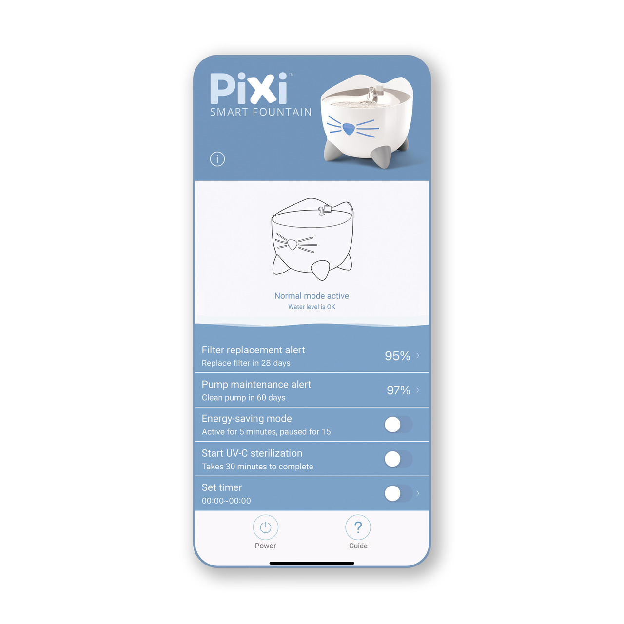 Catit Pixi Smart Fountain, Trinkbrunnen für Katzen, weiß, Katzengesicht-Design, UV-C-Sterilisation, Energiesparmodus, 2,5 l.