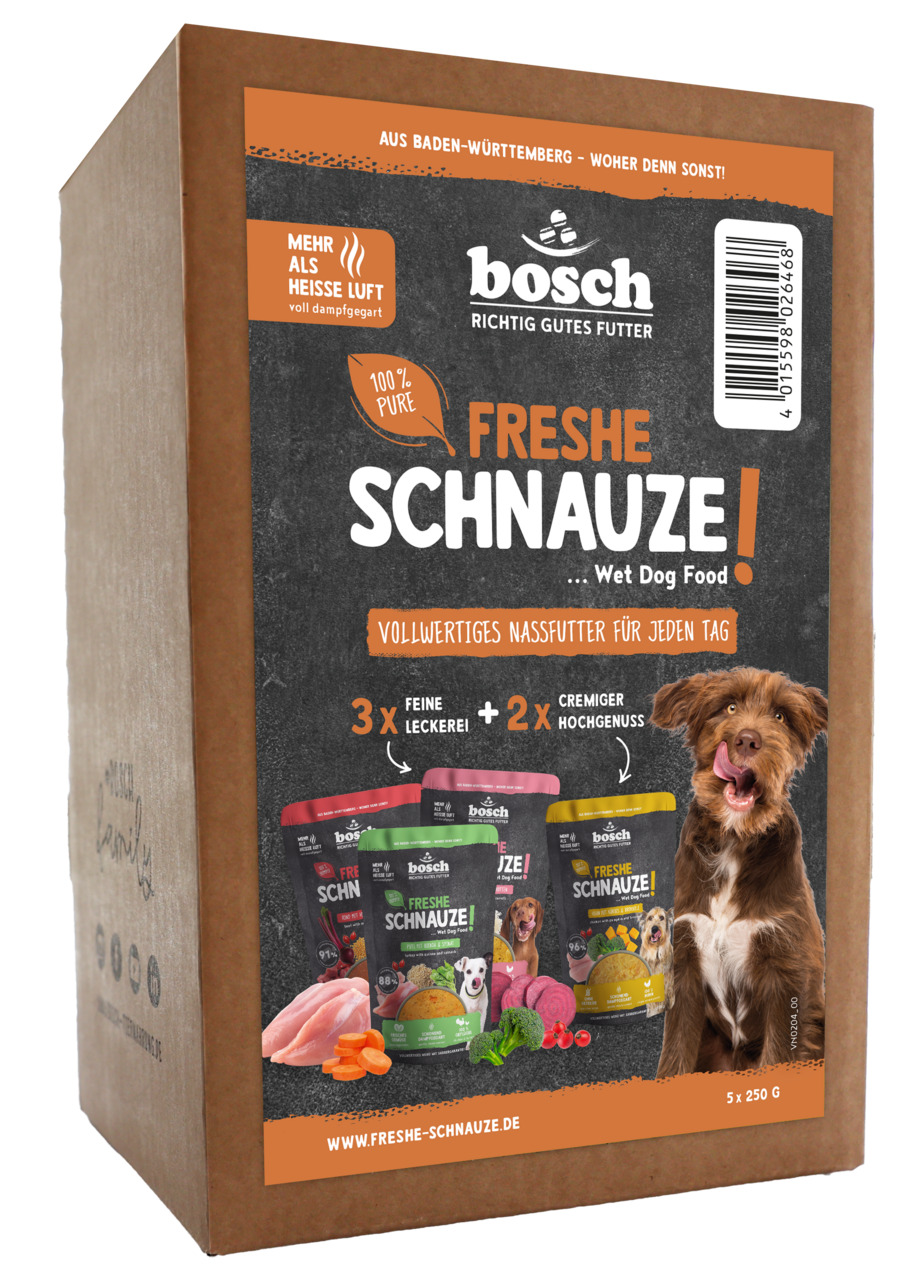 Das Bild zeigt eine Verpackung des Hundefutters „Freshe Schnauze“ von der Marke Bosch. Es handelt sich um ein Nassfutter für Hunde, das in einer Mischung aus 3 Portionen „Feine Leckerei“ und 2 Portionen „Cremiger Hochgenuss“ angeboten wird. Die Geschmacks