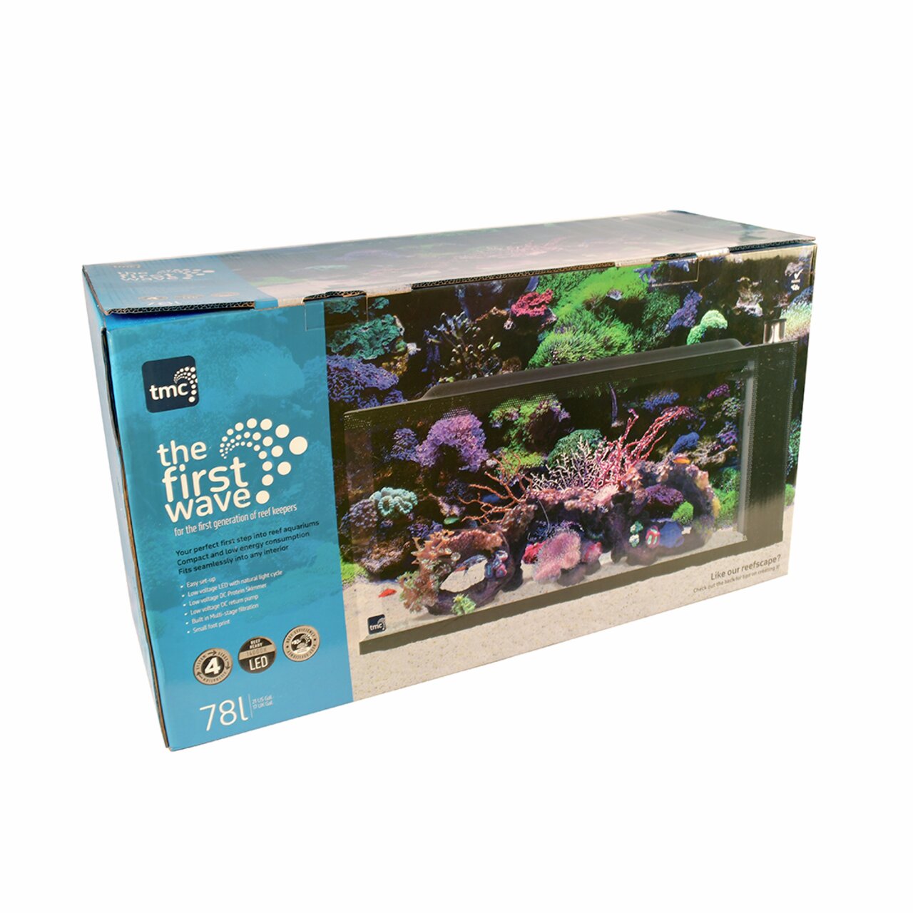 Aquariumset TMC The First Wave, 78 Liter, ideal für Meeresaquaristik-Anfänger, mit LED-Beleuchtung und Zubehör.