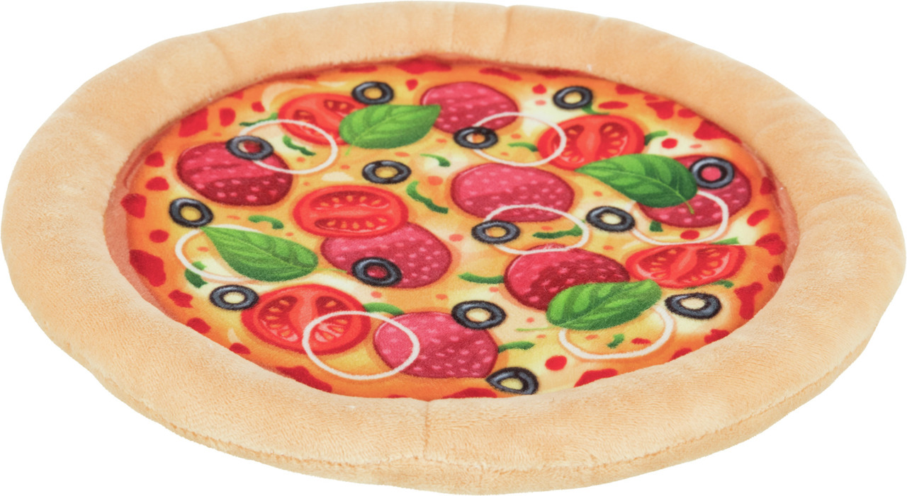 Weiches Hundespielzeug in Form einer Pizza von TRIXIE, ideal für Hunde aller Größen. Das farbenfrohe Design zeigt Beläge wie Tomaten, Salami, Oliven und Basilikum. Perfekt zum Kuscheln und Spielen. Durchmesser ca. 20 cm. Fördert Spielspaß und Beschäftigun