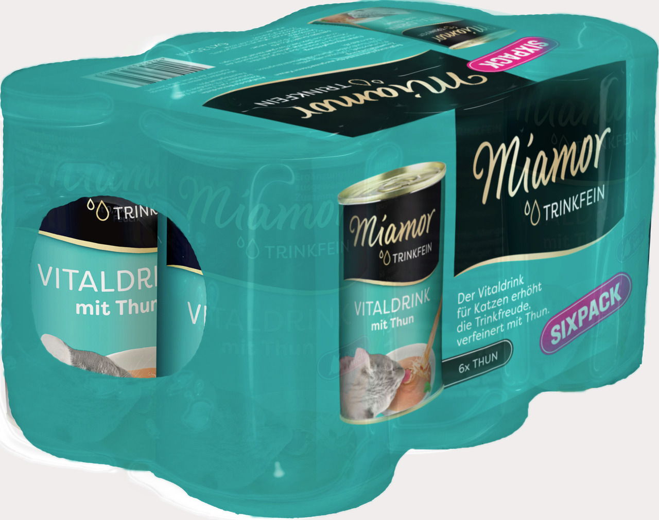 Das Bild zeigt ein Sixpack des Produkts „Miamor Trinkfein Vitaldrink mit Thun“. Es handelt sich um ein Ergänzungsfuttermittel für Katzen, das die Trinkfreude steigern soll. Die Geschmacksrichtung ist Thunfisch. Jede Dose enthält eine Portion, und die Verp