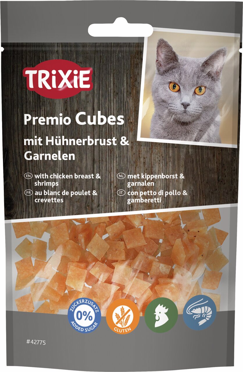 TRIXIE Premio Cubes für Katzen, Geschmacksrichtung Hühnerbrust & Garnelen, glutenfrei, 0% Zuckerzusatz, Inhalt: 50 g.