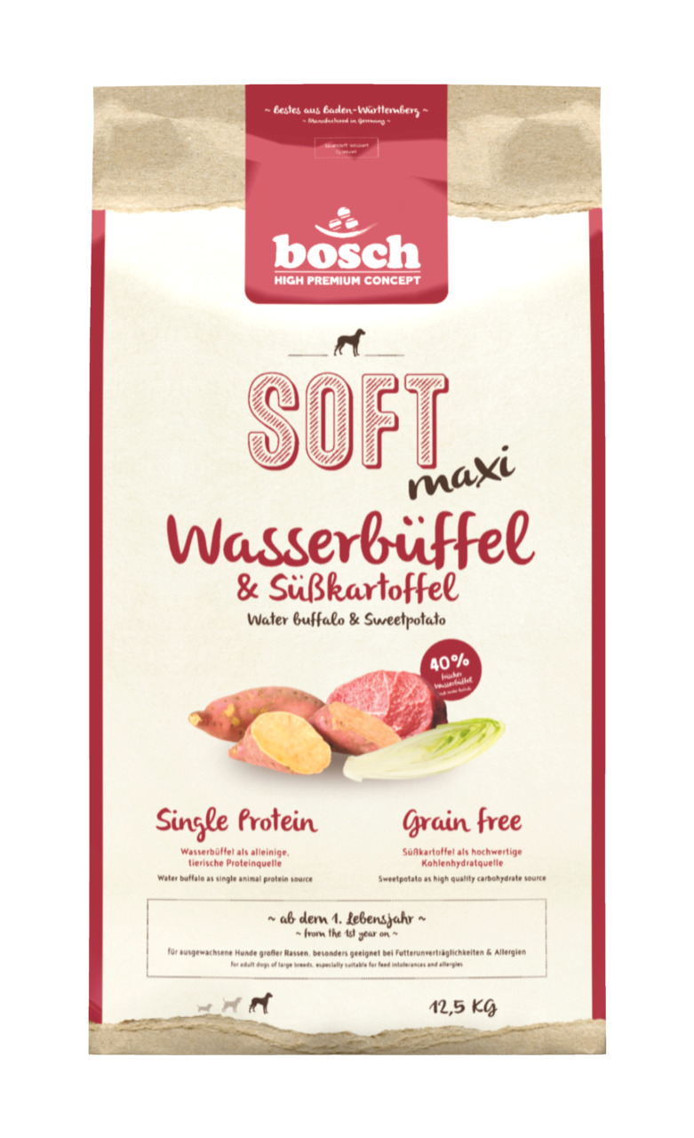 bosch Soft maxi Wasserbüffel & Süßkartoffel, getreidefreies Premiumfutter für ausgewachsene Hunde großer Rassen, 12,5 kg.