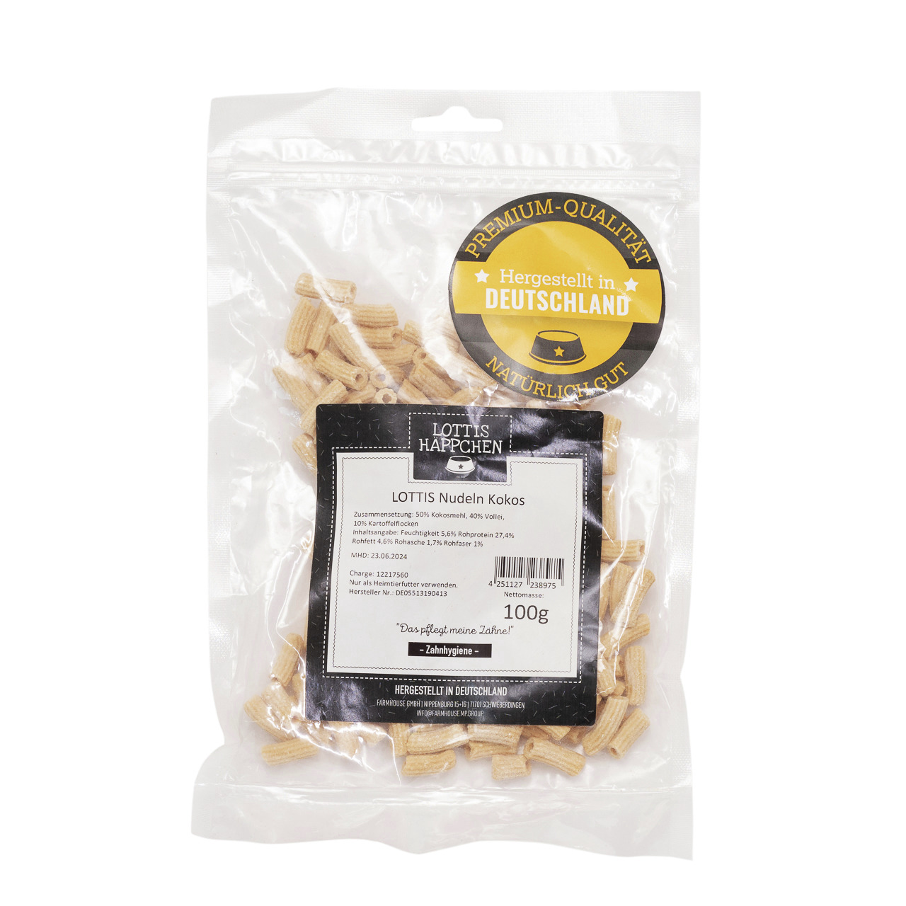 Lottis Häppchen Nudeln Kokos, Premium-Tierfutter f. Hunde, Geschm.: Kokos, 100 g, „Das pflegt meine Zähne!“, Hergestellt in DE.